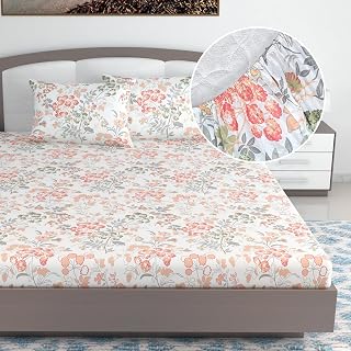 Divine Casa 144 Tc Cotton Floral Print King Size Double Bed Elastic Fitted Bedsheet With 2 Pillow Cover - 78 X 72 Inches, Galaxy Peach