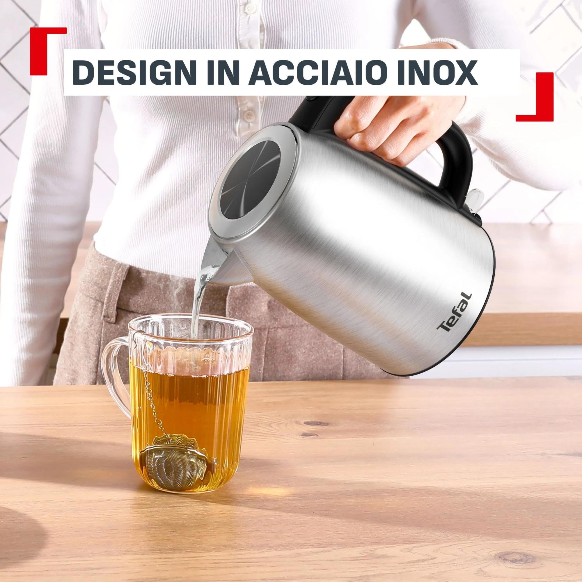 Tefal Bollitore In Acciaio Inossidabile 1.7 L, 2200 W Ebollizione Rapida, Spegnimento Automatico, Livello Acqua Ben Visibile, KI1R0DE0