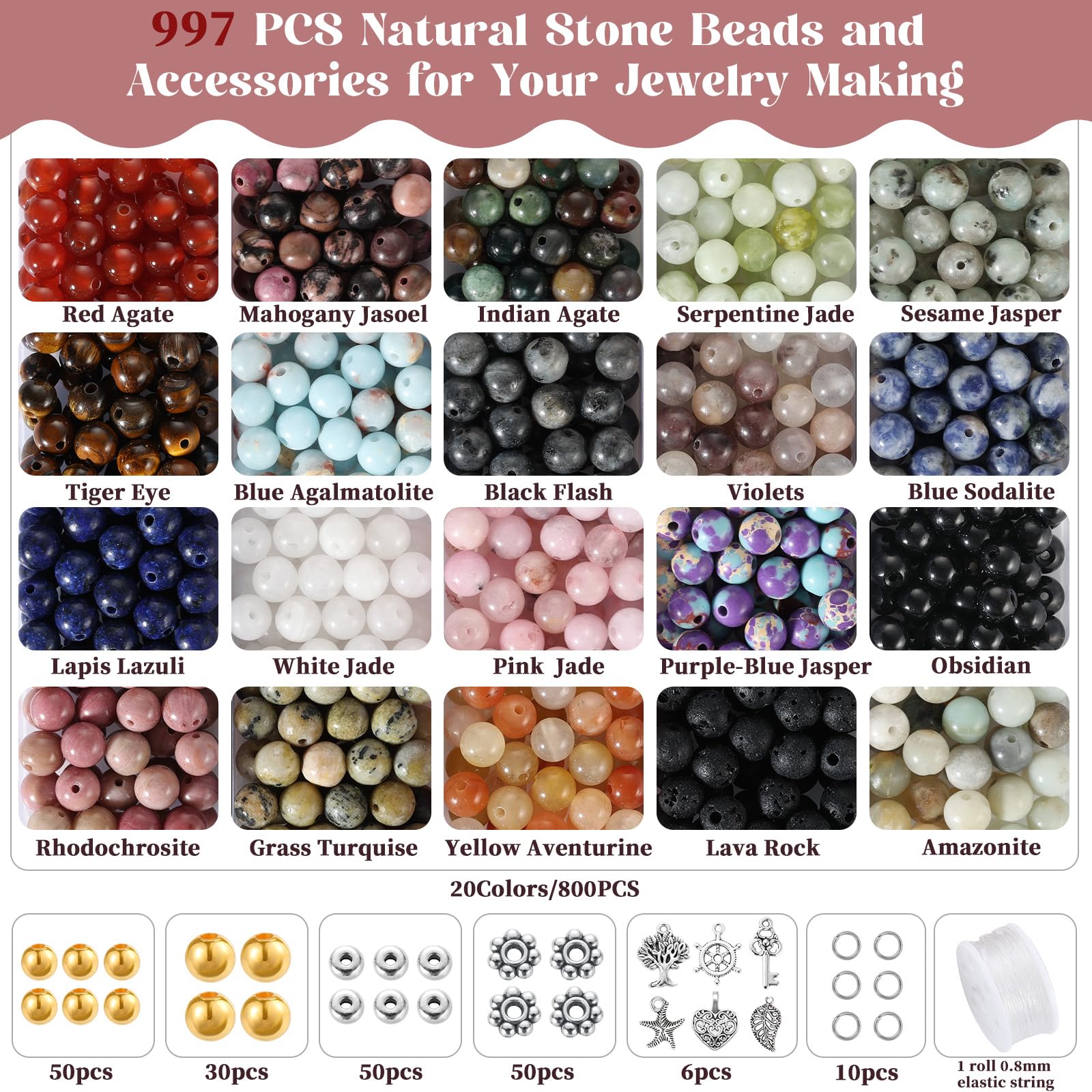 Zefy 996 Stück 6mm Natürliche Edelstein Perlen, 20 Farben Runde Natürliche Amazonit Perlen für Armbänder, Perle Set zum Auffädeln Armbänder Selber Machen für Basteln Schmuckherstellung (Packung mit 2)