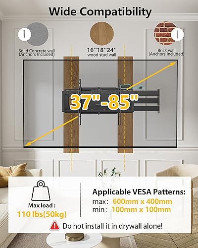 Miniatura 8 de Soporte de pared para TV de brazo largo de 48 pulgadas con regleta de alimentación, soporte de pared giratorio de movimiento completo para pantallas