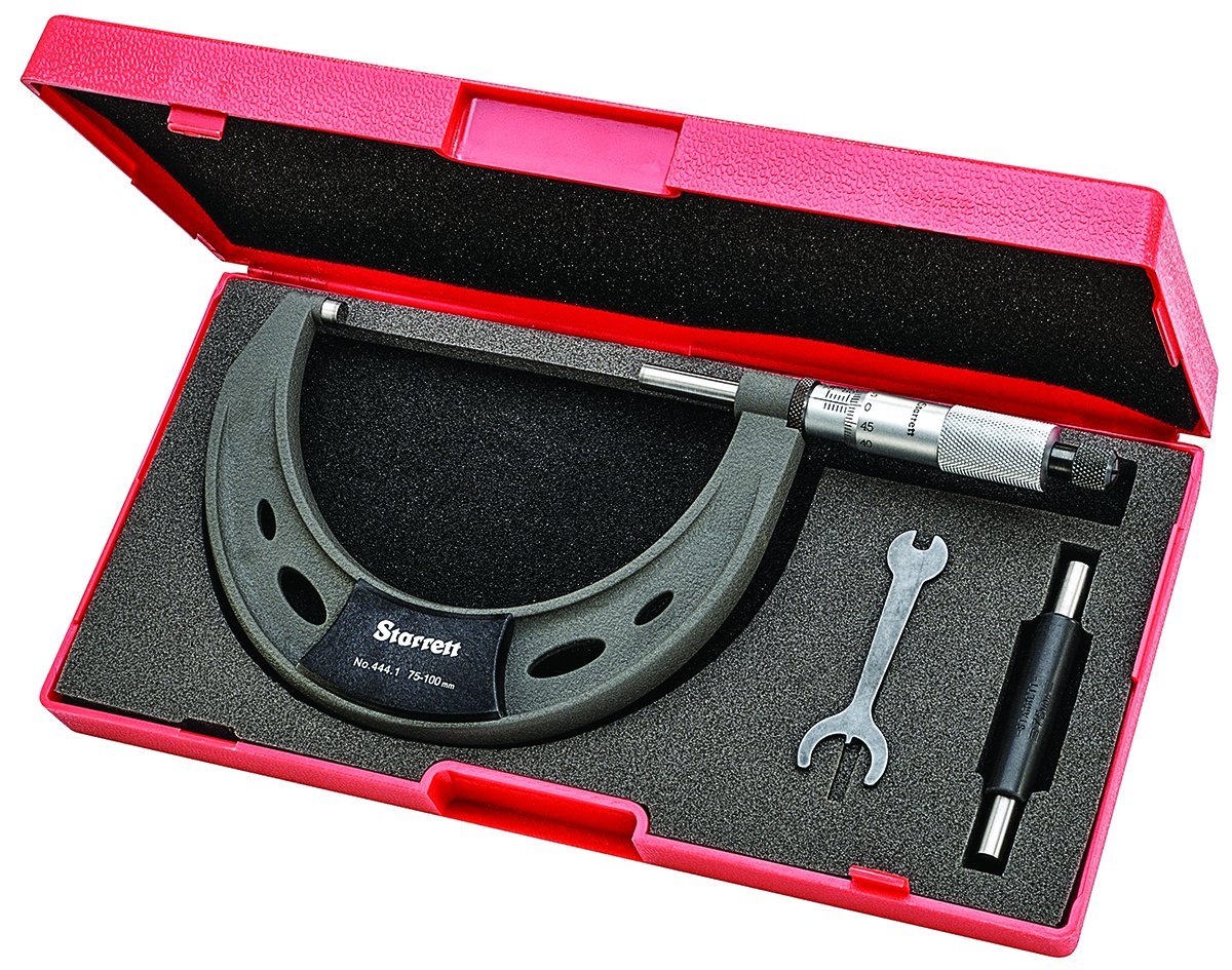 Starrett 444.1MXRL-100 Outside Micrometer, Ratchet Stop, Lock Nut, Carbide Faces, 100 mm Range, 0.01 mm Grad