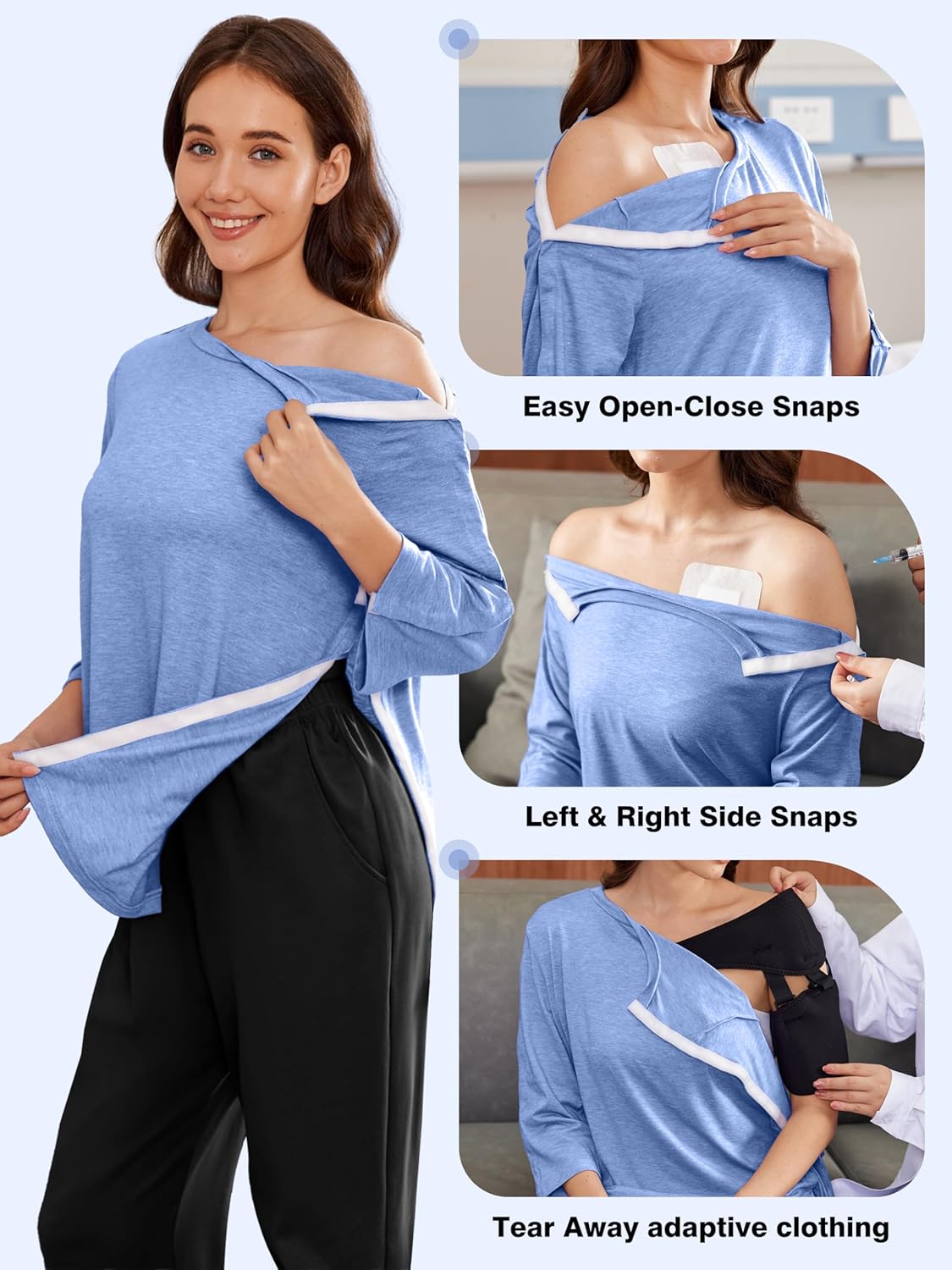 Deyeek Post Shoulder Surgery Shirts for Women Tear Away 3/4 Tops After Rotator Cuff Shirts Chemo Port Adaptive Clothing - Image 4