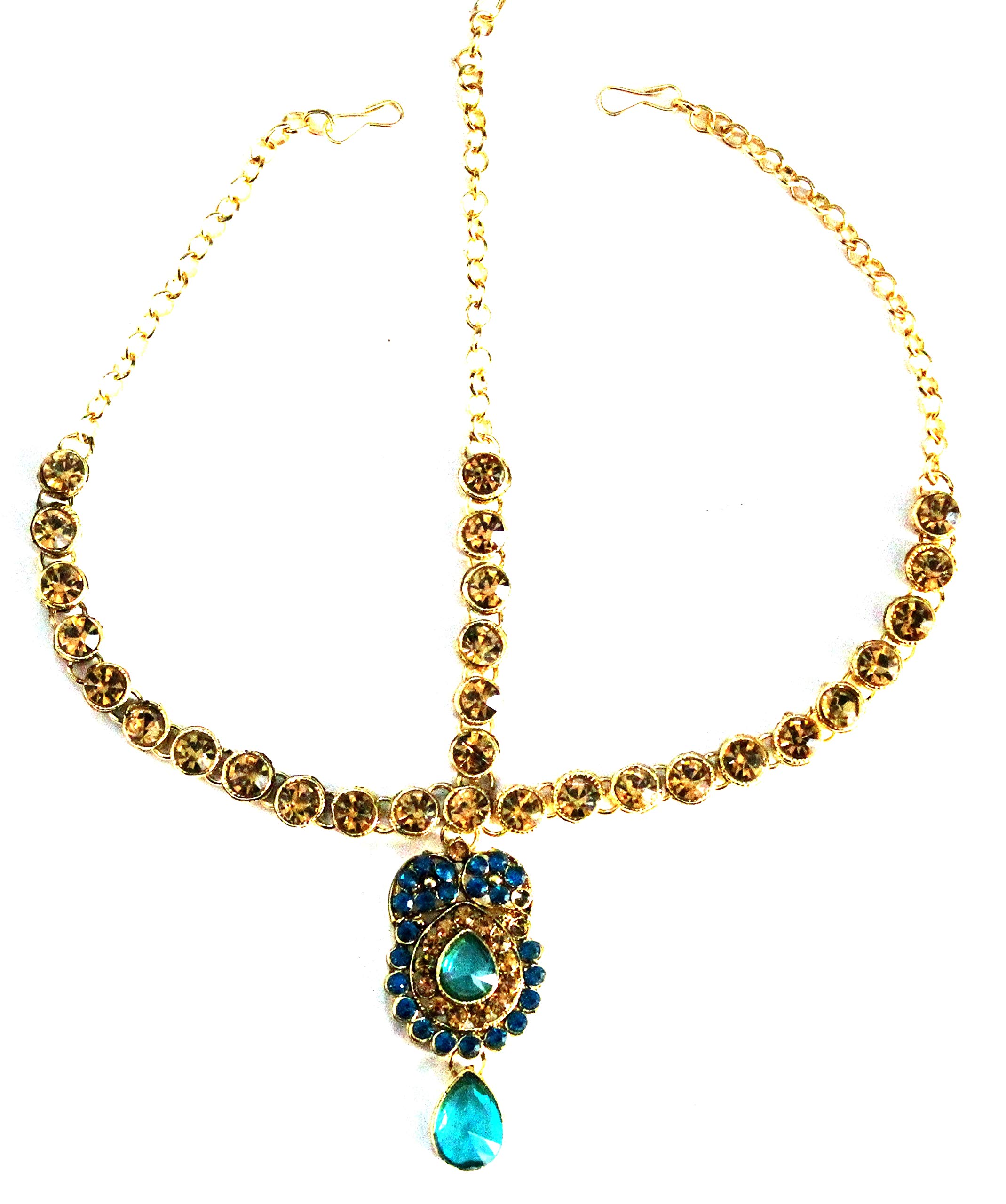 DecorTalesBollywood Style Indian Wedding Tradtional Blue Maang Tikka Matha Patti with Earrings Set for Women