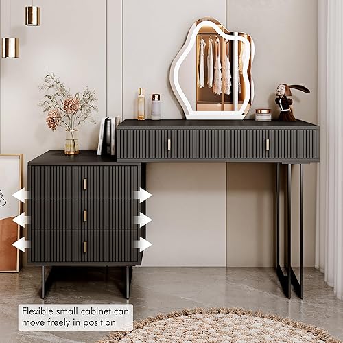 Miniatura 7 de Ieejdn Mesa de tocador moderna negra, mesa de maquillaje retráctil con mesita de noche, con espejo iluminado y 5 cajones espaciosos, esencial para