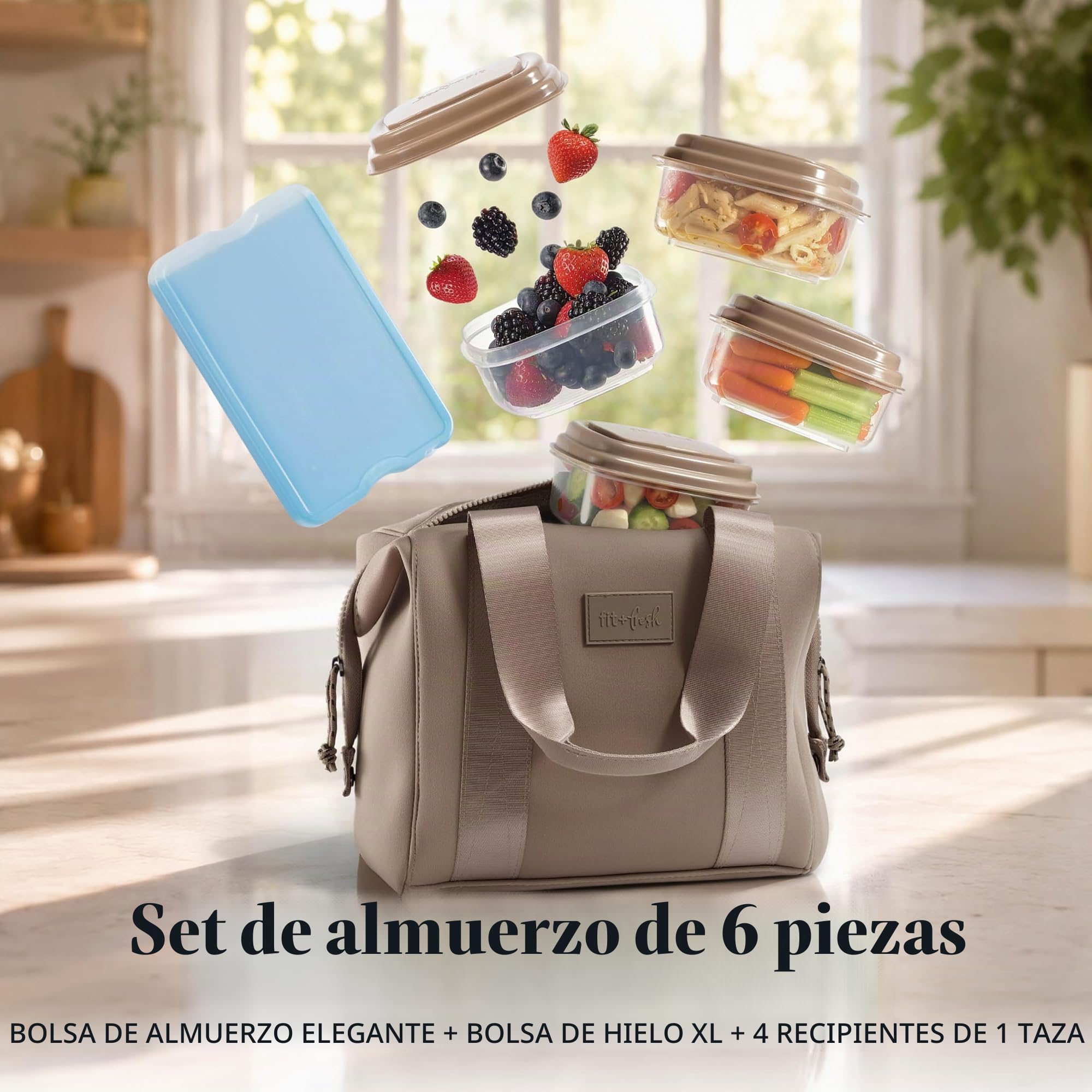 Fit & Fresh Bolsa de almuerzo de neopreno para mujer, bolsa de almuerzo isotérmica para el trabajo, resistente a desgarros y manchas, gran caja de almuerzo para mujer con contenedores y hielo,
