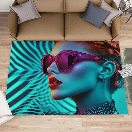 Miniatura 2 de Alfombras Cyberpunk neón para mujer, alfombra moderna para niña, alfombra de retrato futurista para sala de estar, alfombra antideslizante de