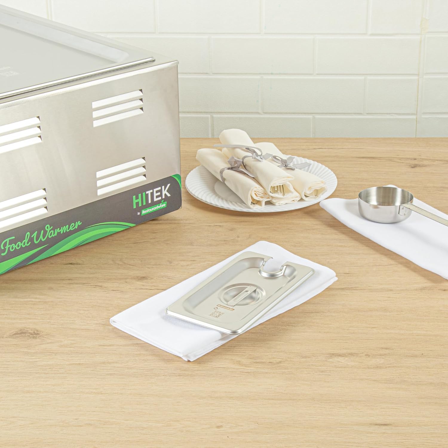 Restaurantware-LIDS ONLY: Kitchen Tek 6.9 x 4.3 Inch Steam Table Pan Covers, 12 NSF Hotel Pan Covers - 1/9 Size Pans Sold Separately, With Handle, Stainless Steel Slotted Lids, Durable