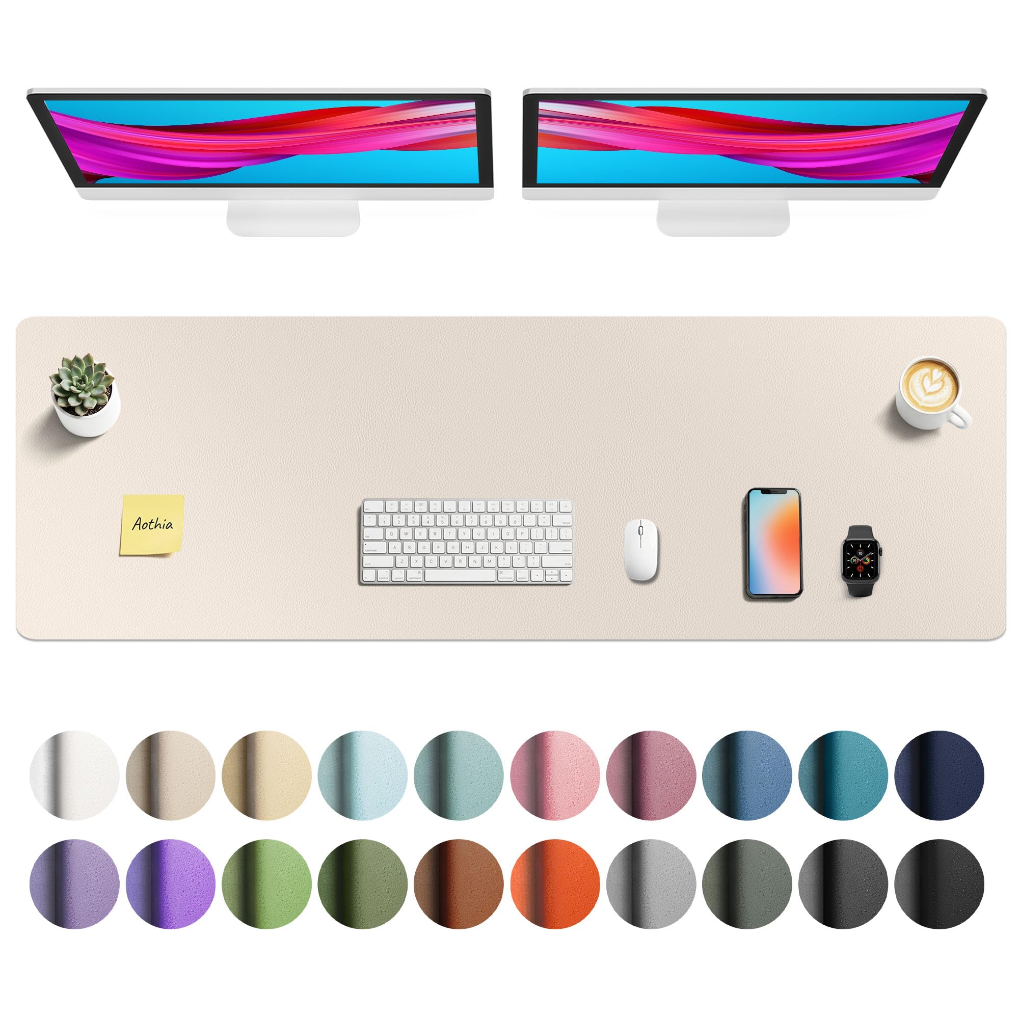 Aothia Faux Leather Desk Mat - Non-Slip PU Leather Desk Blotter, Waterproof Writing Surface, Large Desk Pad for Office &amp; Home (Eggshell, 55" x 17")
