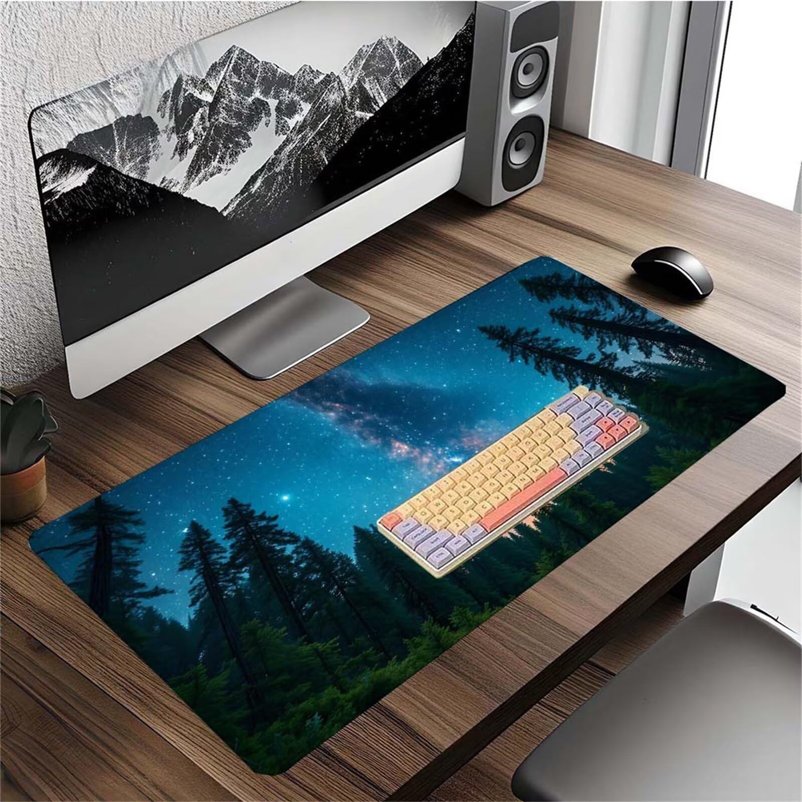 Alfombrilla Ratón Bosque Cielo Estrellado Alfombrilla Ratón XXL 1400x600x3mm Mouse Pad Resiste Salpicaduras, Extendida de Gran Tamaño con Bordes Cosidos, Mejora la Precisión y la Velocidad y-411