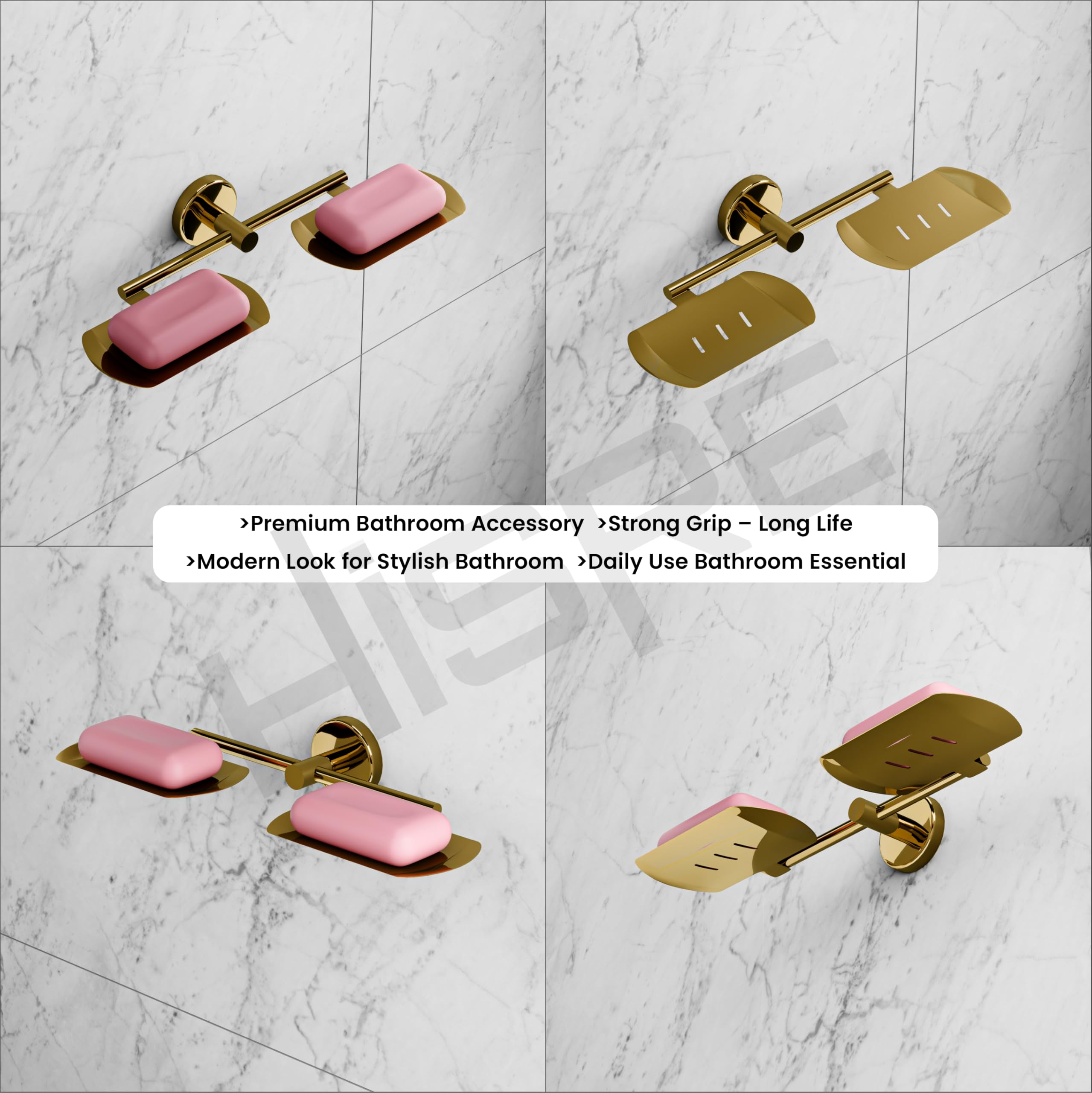 HISRE Double Soap Dish Holder Wall Mounted | Gold Bathroom Soap Tray with Dual Bar Holders, Modern Stainless Steel Soap Stand for Shower, Sink & Kitchen, photo 5 of 5