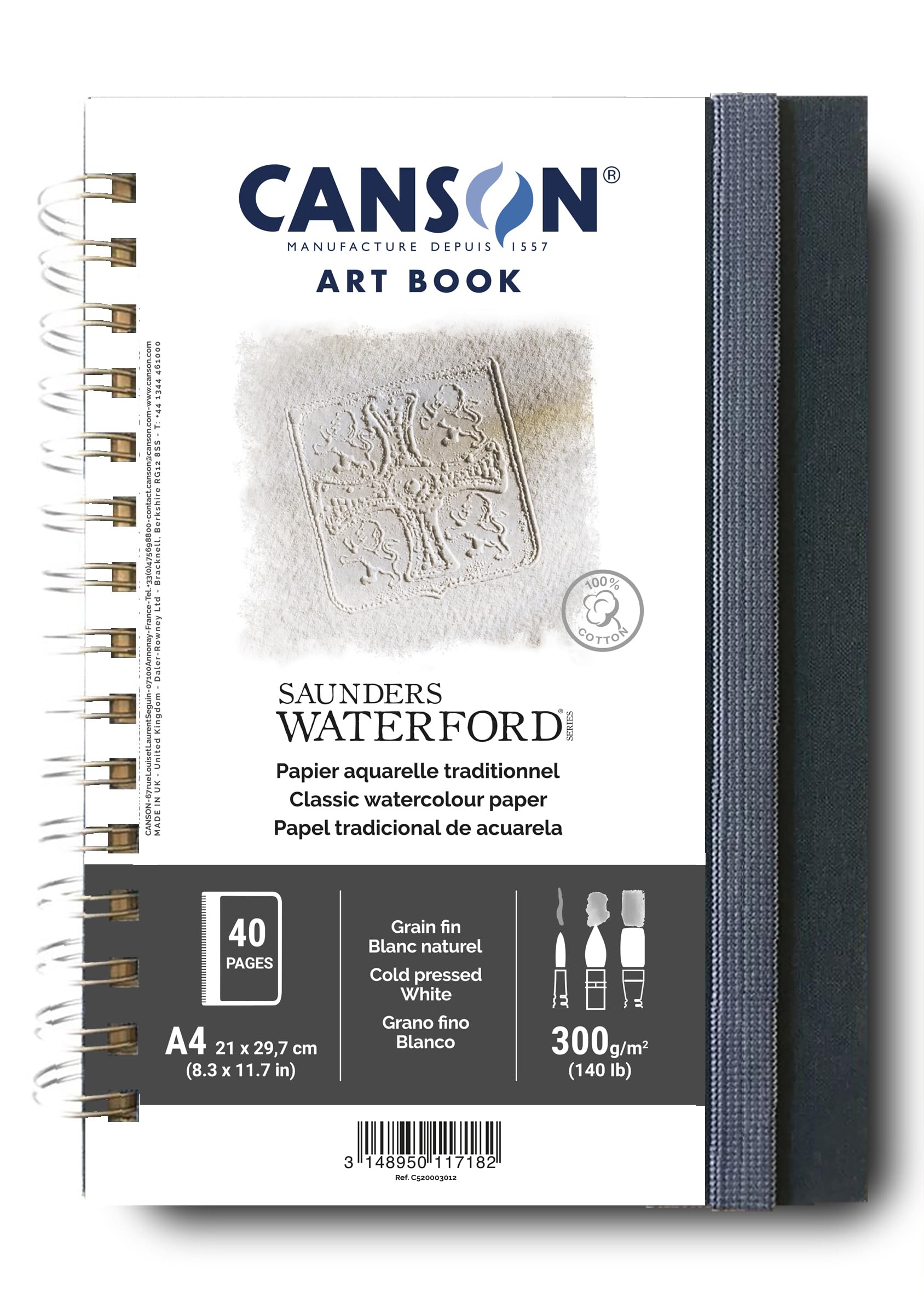 CANSON Professional Art Book, Fine Grain Watercolour Saunders Waterford Paper, 300gsm, A4 Spiral Notebook, 20 White Sheets, for Professional Artists & Students