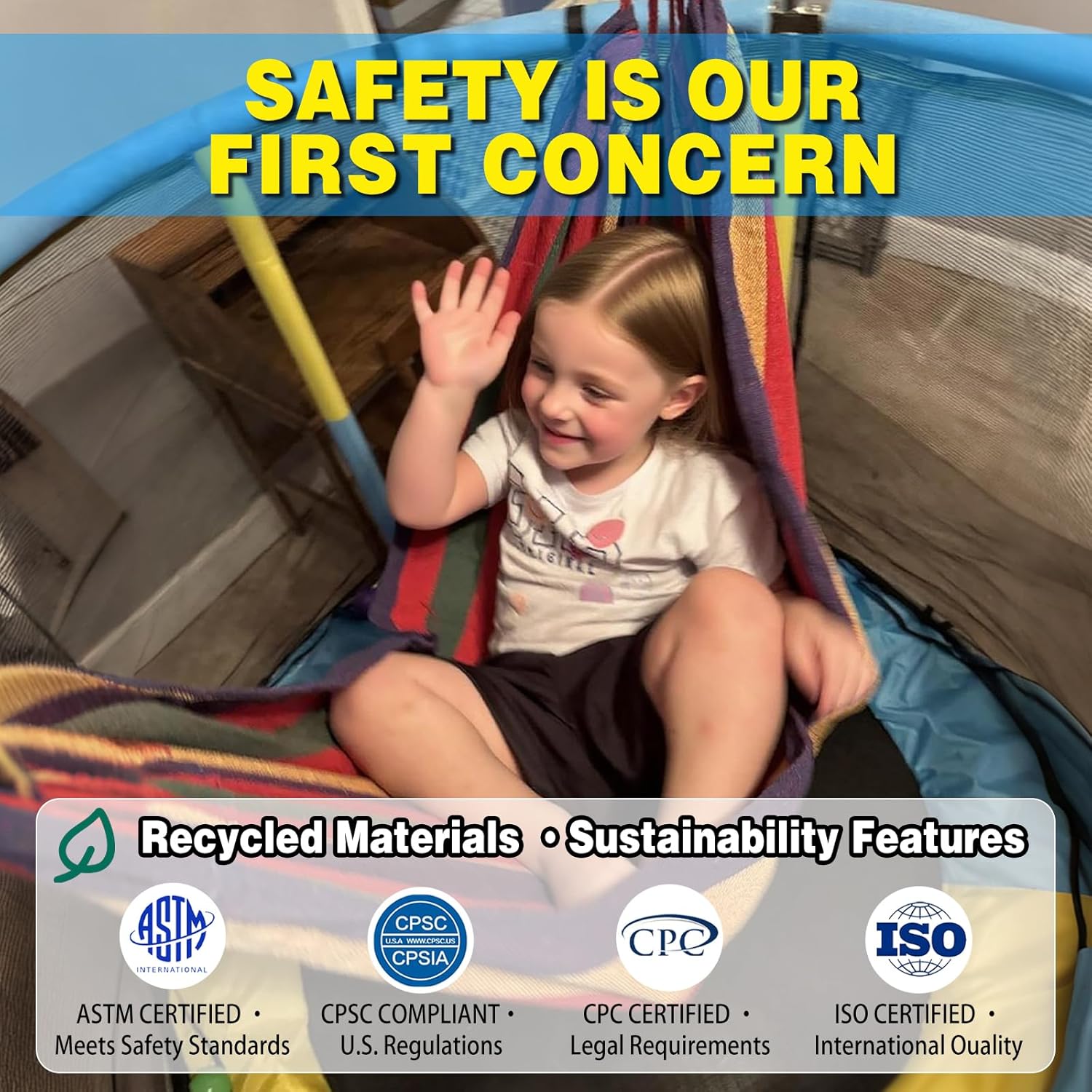 55" Indoor & Outdoor Trampoline for Kids with Enclosure, Toddler Trampoline with Adjustable Gymnastics Bar & Toys, No-Gap Safety Design