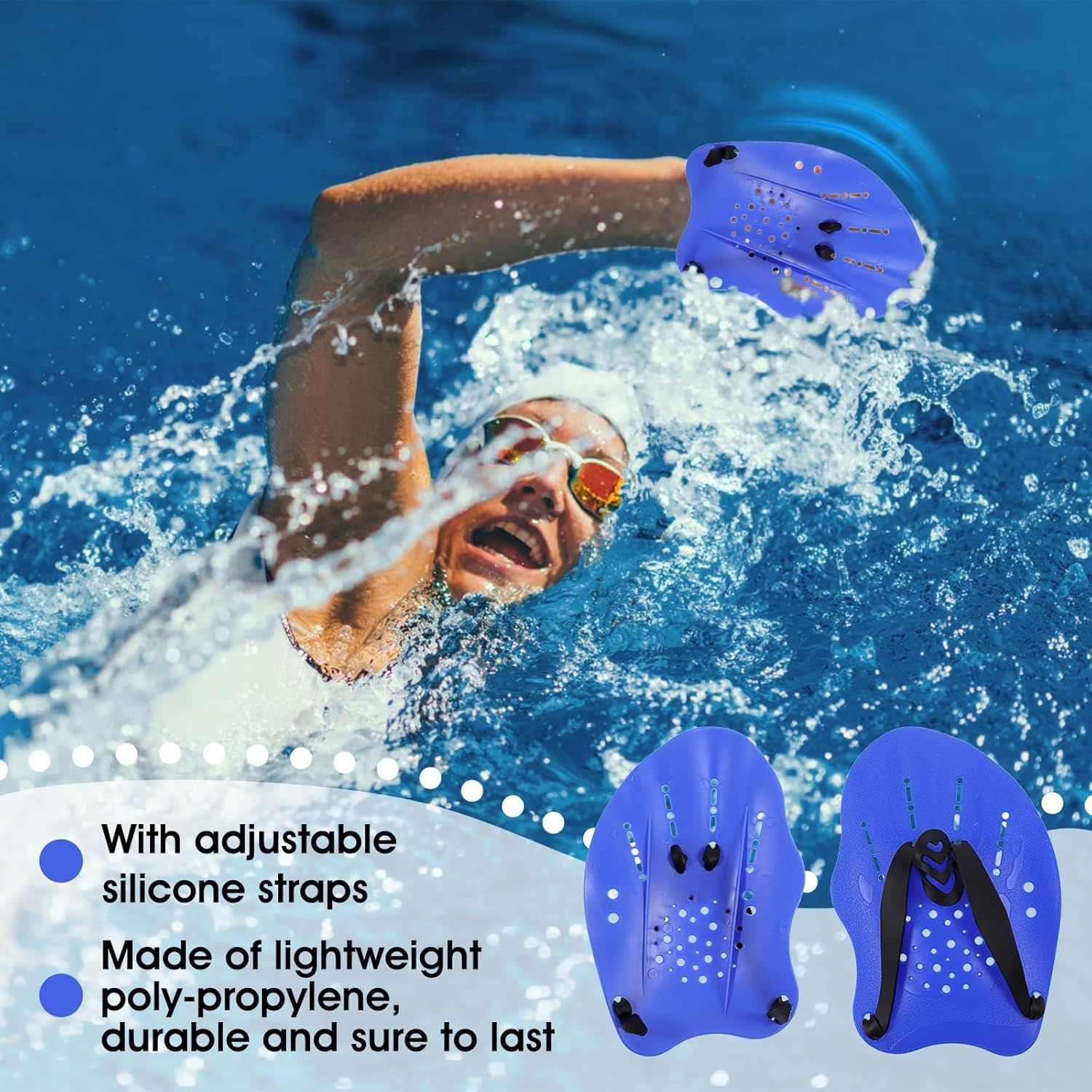 THE MORNING PLAY Morex Swim Hand Paddles Swimming Training Paddles with Adjustable Straps Swimming Fins Hand Paddles Gloves for Swim Training Water Resistance (Blue, S-Youth) 3