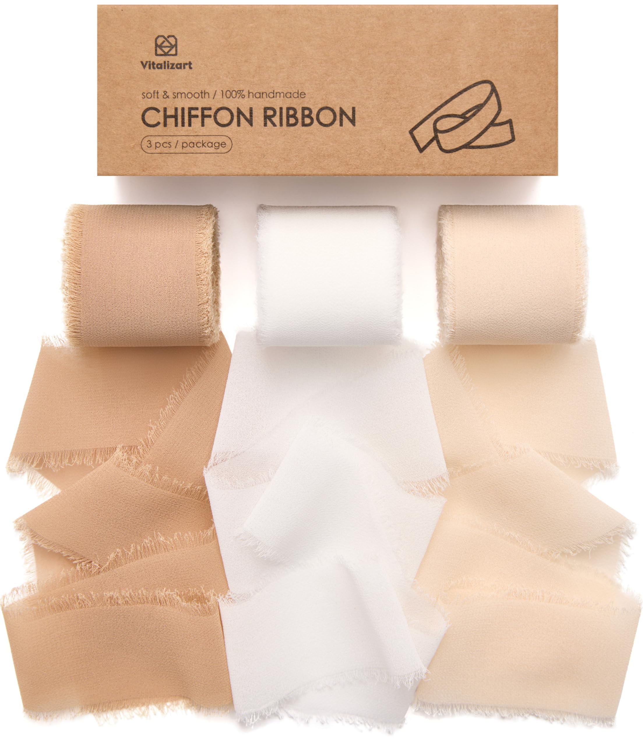 Vitalizart Chiffon Silky Ribbon Camel & White & Beige Handmade Fringe