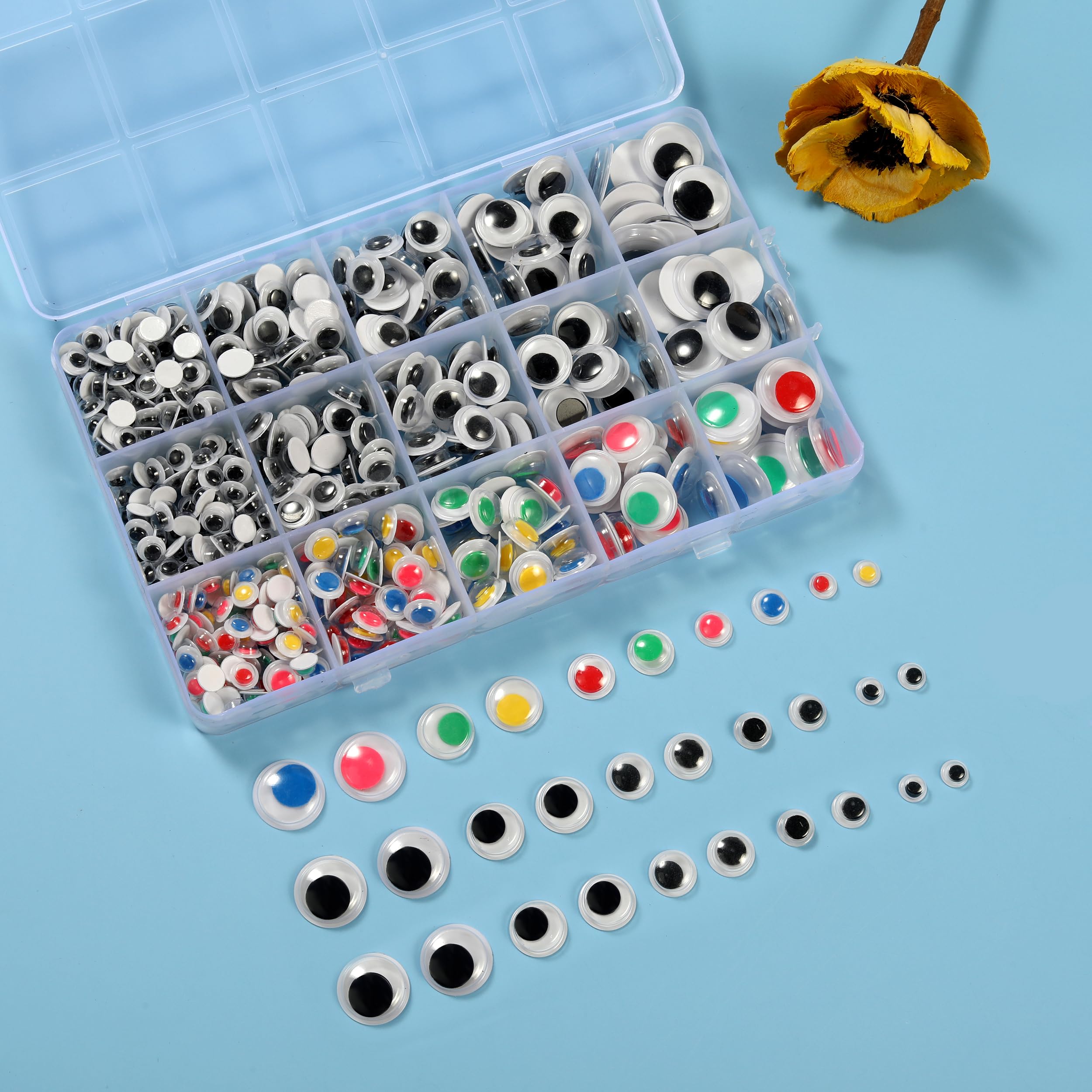 Hudinsun Lot de 600 yeux mobiles autocollants noirs et multicolores de 6 mm, 8 mm, 10 mm, 12 mm, 15 mm, 20 mm pour travaux manuels