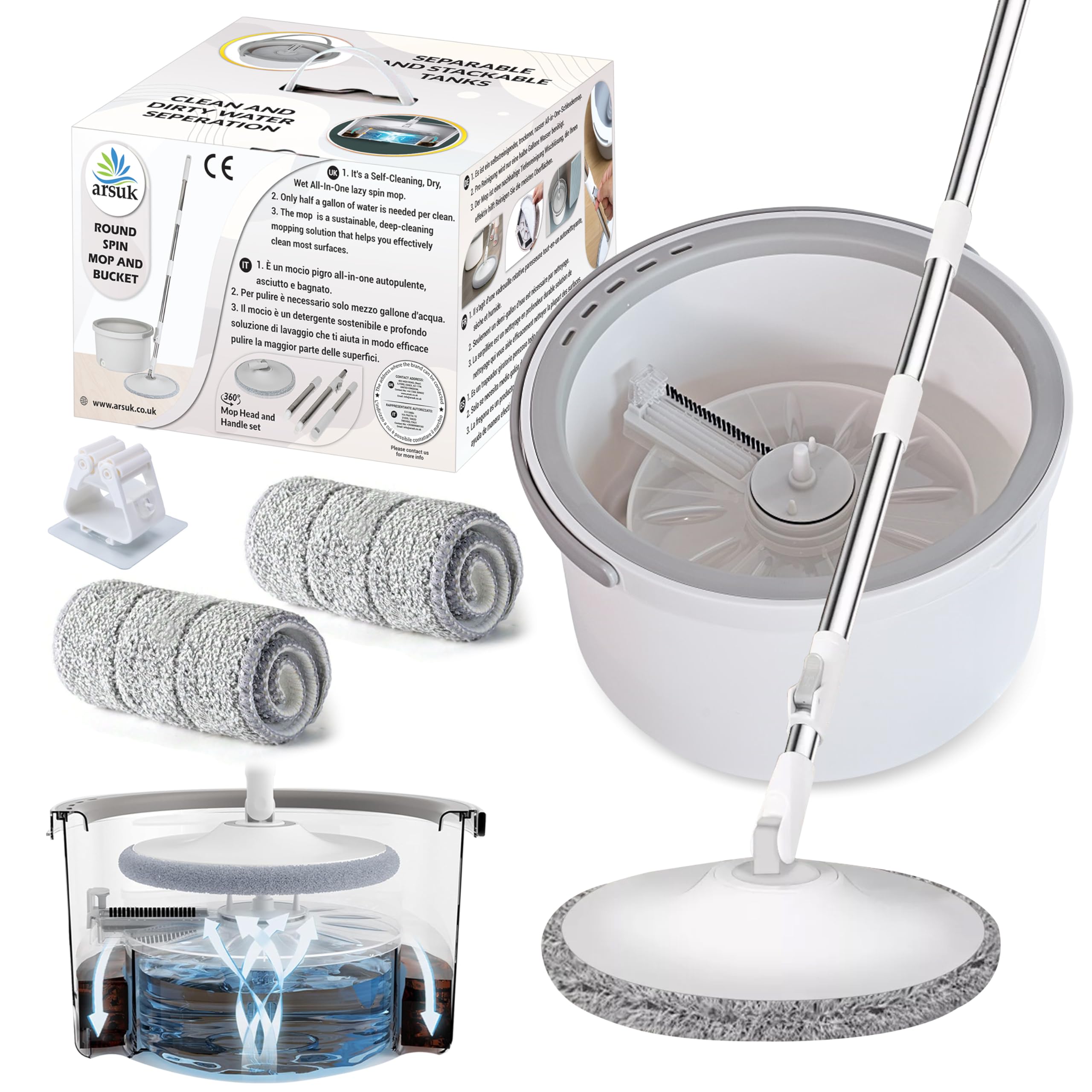 ARSUK Spin Mop Eimer und Bodenreinigungsset | Getrennte Mechanik für sauberes und schmutziges Wasser | 2L Kompaktdesign, 2 Mikrofasertücher, 118cm Edelstahl-Teleskopstiel | Ideal für den Haushalt