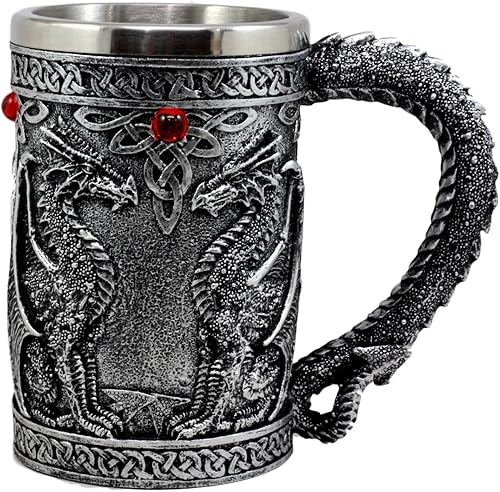 Miniatura 5 de Ebros Gift Taza de café grande de plata celta doble dragón fuego drakes cerveza Stein Tankard bebida taza 14oz