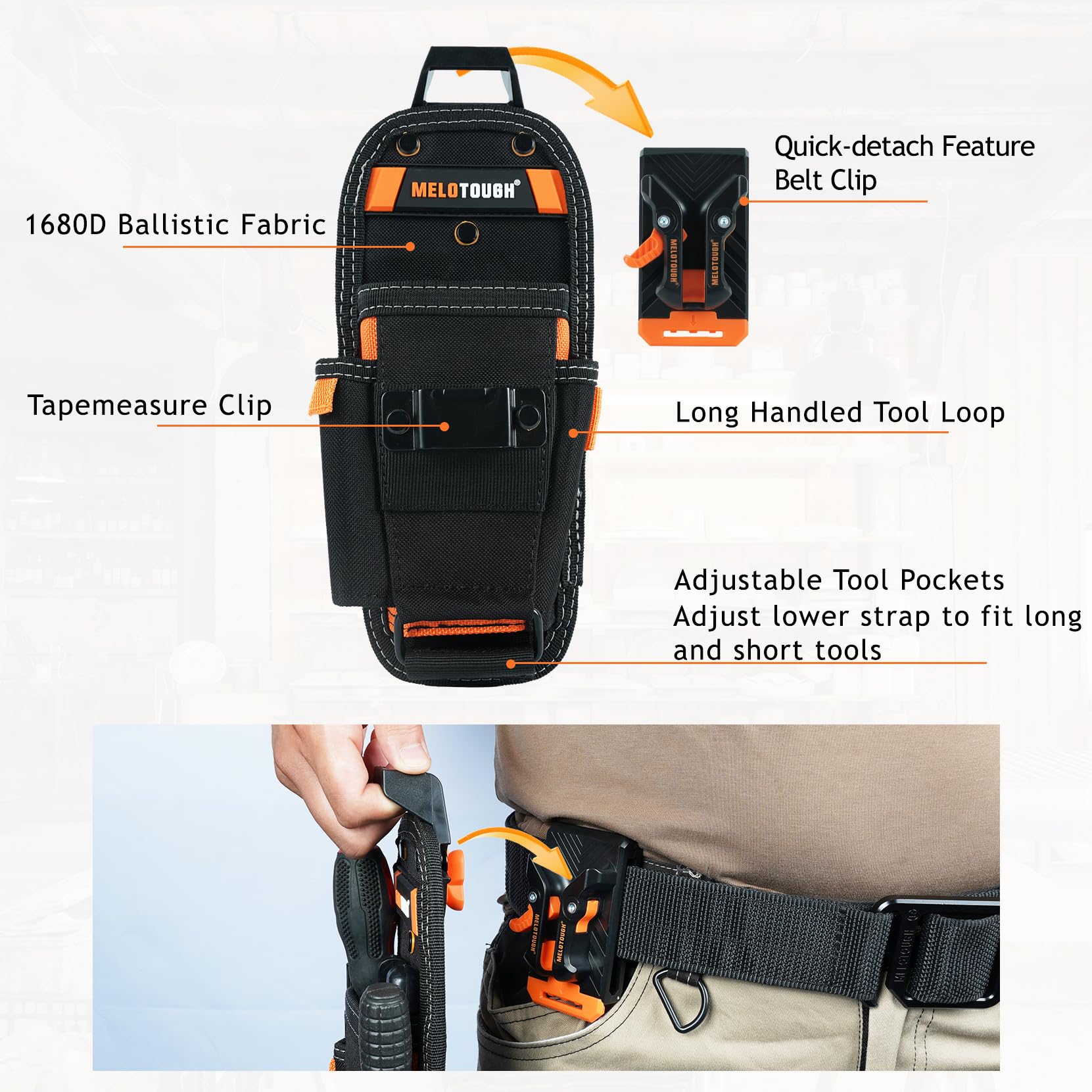MELOTOUGH Petite pochette à outils avec clip de ceinture à dégagement rapide, pochette à outils mini organiseur de travail