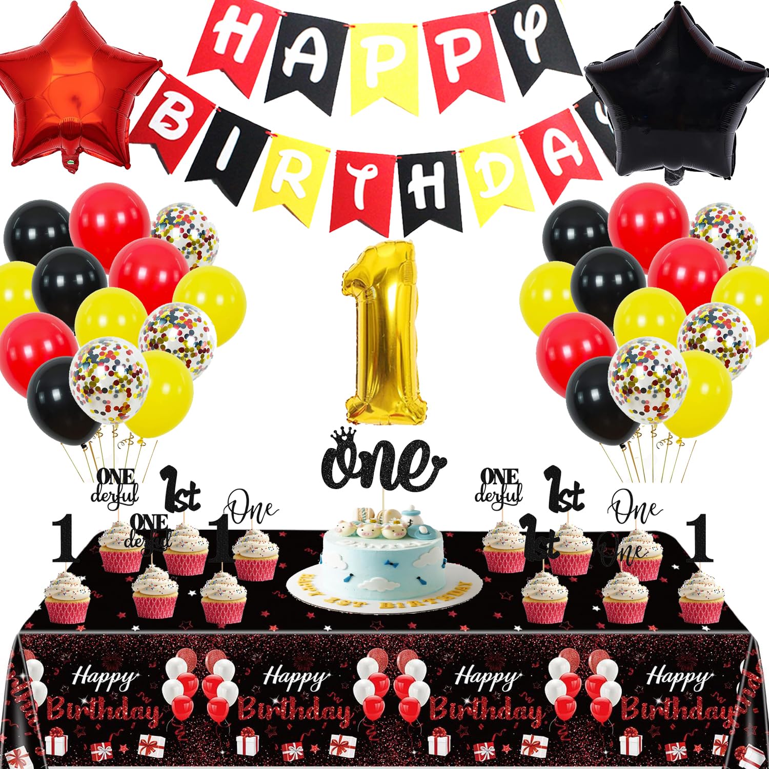 Cartoon Star 1st Birthday Party Decorations,One Year Theme Party Supplies Included Banner,Tablecloth,Latex Balloons,Foil Balloons,Cake Topper,Door Sign for First Year Old Boy Baby Shower Decorations