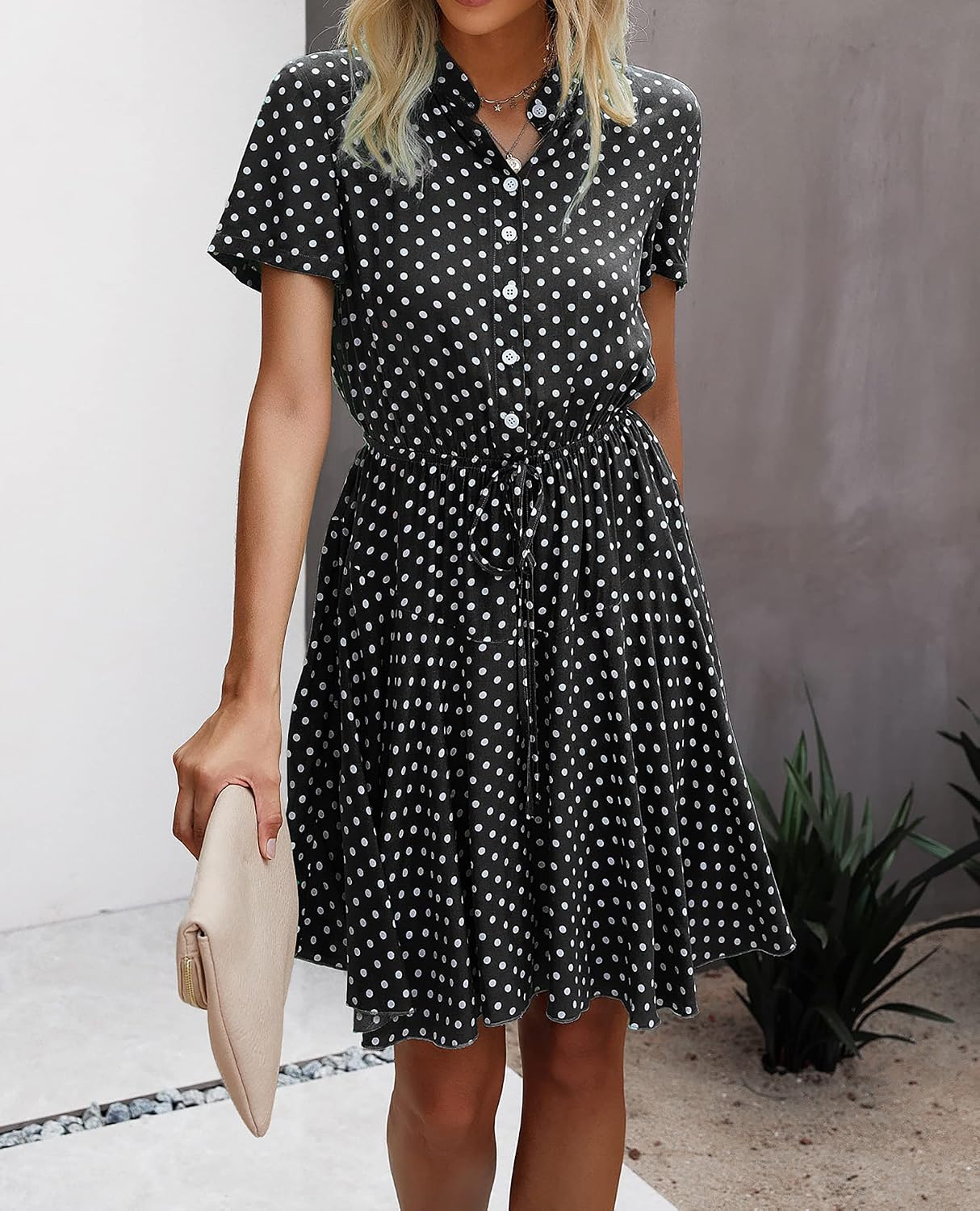 BTFBM Womens Dresses Cute Polka Dot Print Button Down Short Sleeve A-Line Elastic Waist Summer Casual Swing Dress
