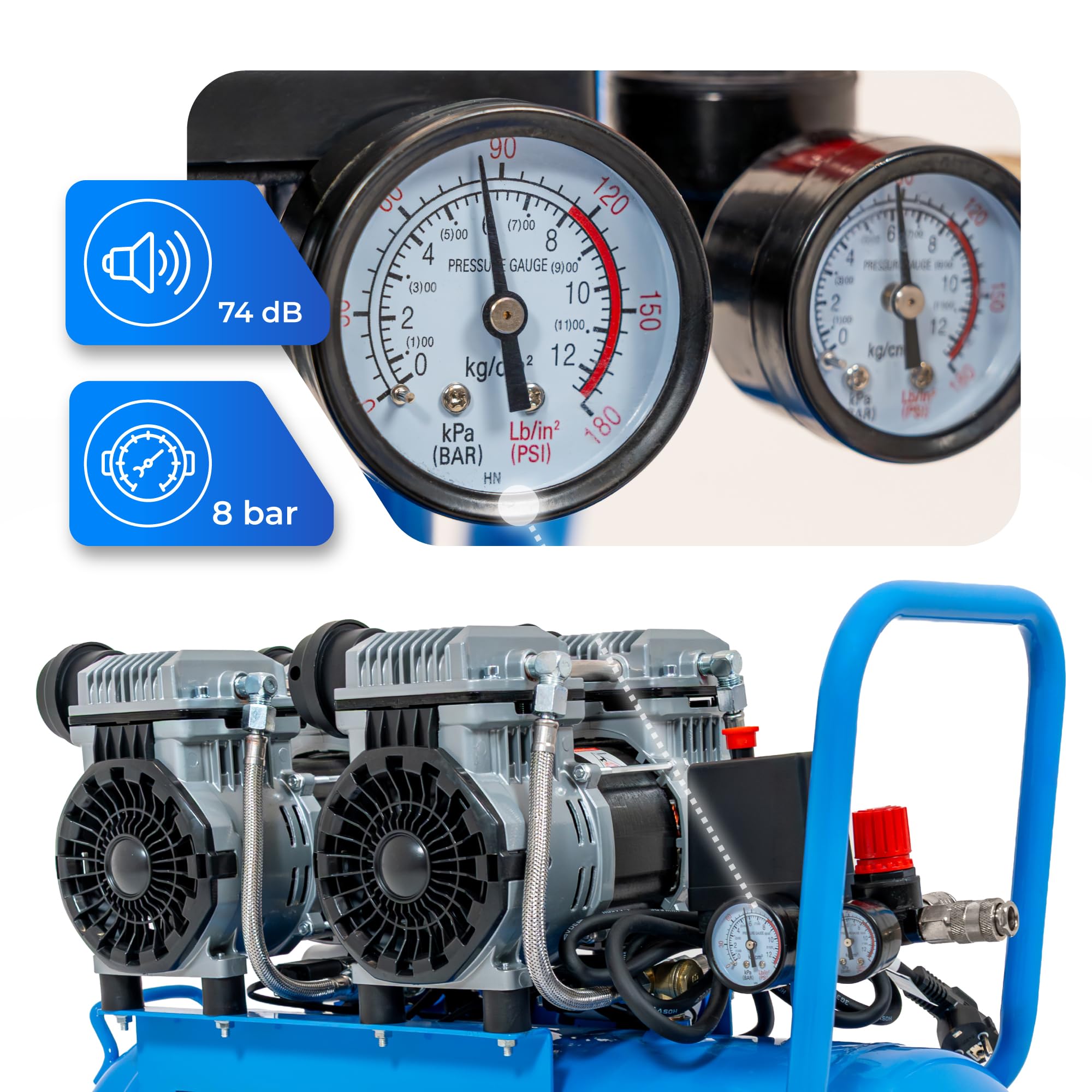 Compresseur 50L Compresseur d'air 8 Bar, 1500W / 3000W, sans huile ou lubrifié à l'huile, 250–380 l/min, 1/4", 2 sorties, manomètre, détendeur, pour atelier, garage et pneus (4T-50L)
