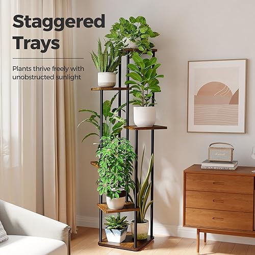 Miniatura 2 de Bamworld Soporte alto para plantas de interior de 6 niveles para múltiples plantas, estante de esquina para patio, jardín, balcón, sala de estar,