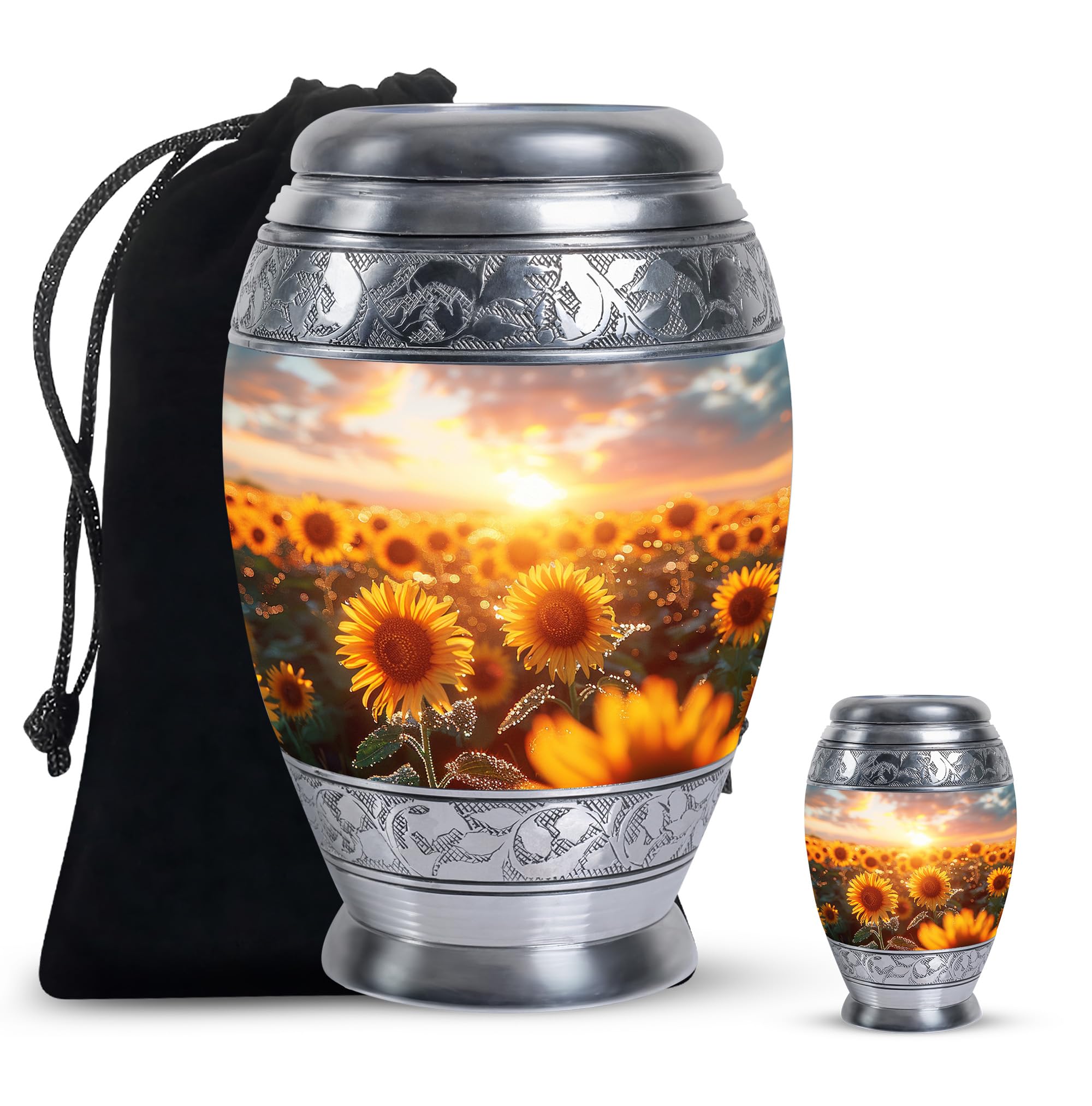 SUBSH Sunflower Twilight - Combo of 1 Large Urn with Velvet Bag and 1 Small - Cremation Urn for Human Ashes - Small Decorative Urn - Large Urns for Male & Female - Metal Keepsake Urns - Memorial Urns