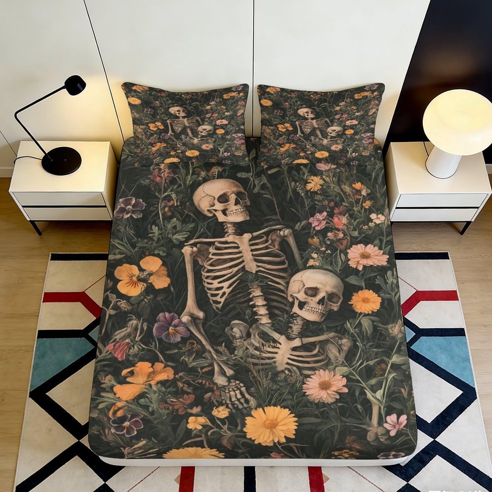 3D Printed Skeleton Floral Fitted Sheet Microfiber Soft Bed Cover for Bedroom Dorm Artistic Mattress Protection Decor 90x200x25cm