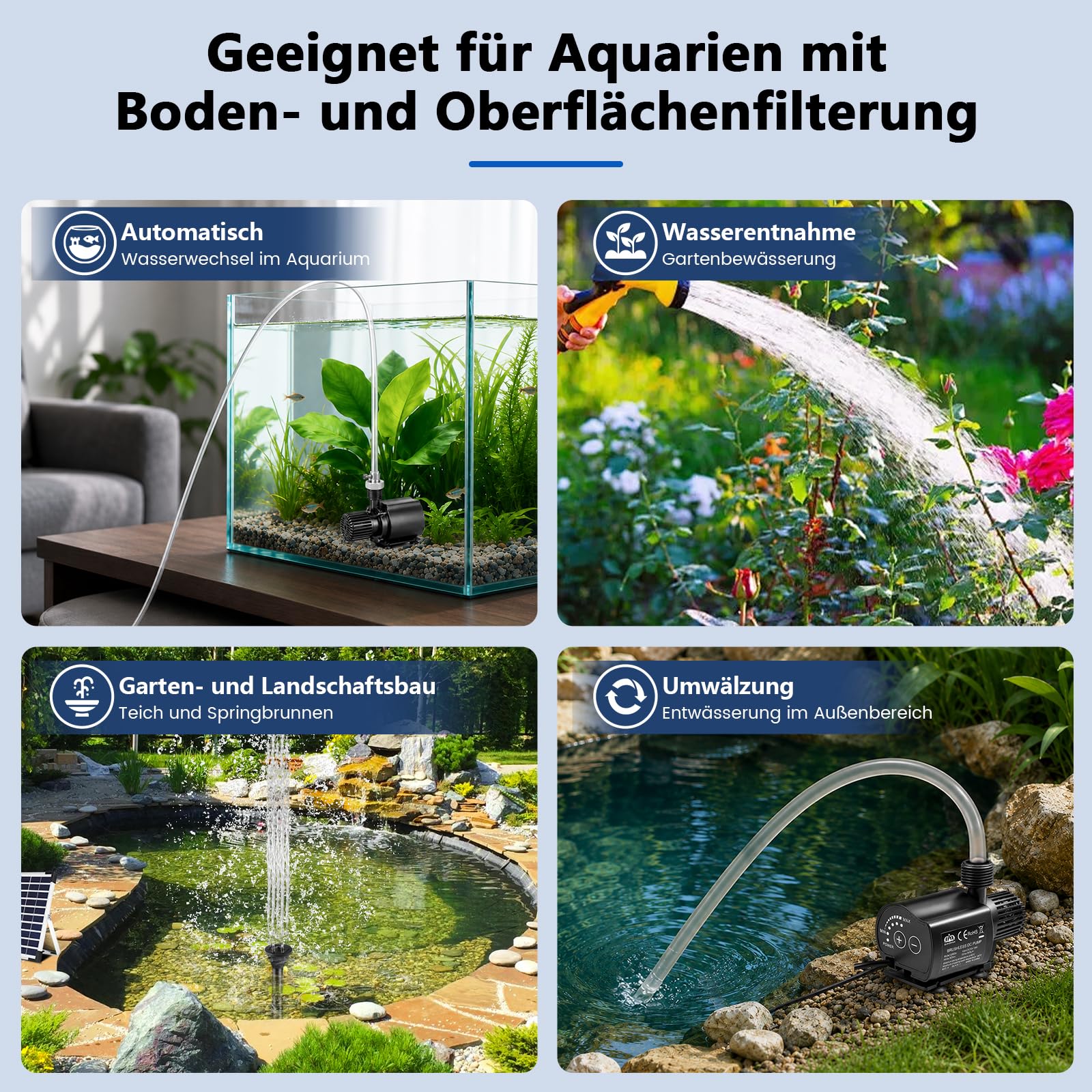 Pompa dell'acqua da 12 V, 800 l/h, 15 W, mini pompa sommergibile con cavo da 1,5 m e flusso regolabile a 5 livelli, altezza di erogazione 4,5 m, silenziosa in acciaio inox, per acquari, fontane