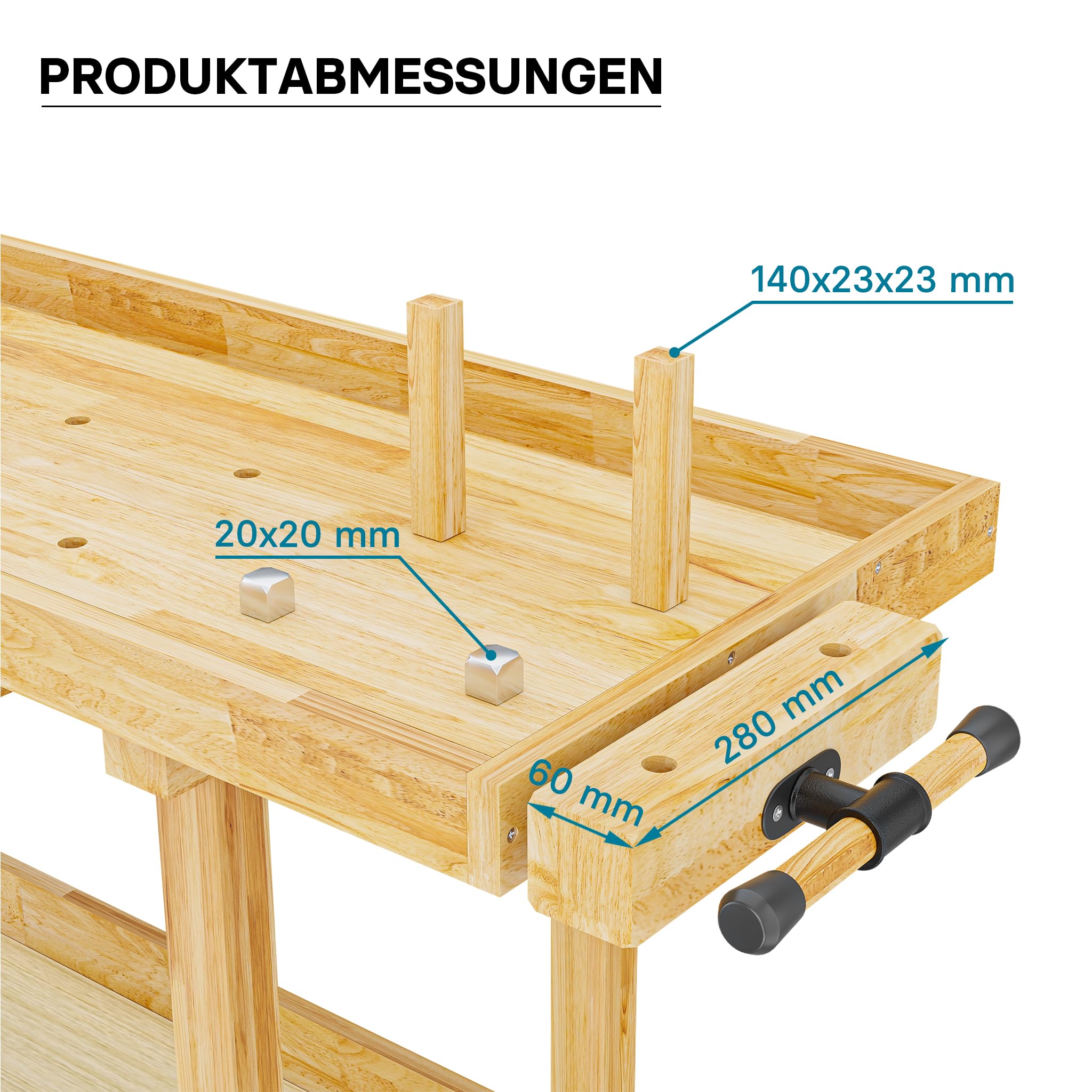Wiltec Werkbank 151 x 61,5 x 86 cm aus Holz, Werktisch aus Rubberwood, Hobelbank bis 150 kg belastbar, Werkzeugbank mit Schublade und Spannzangen