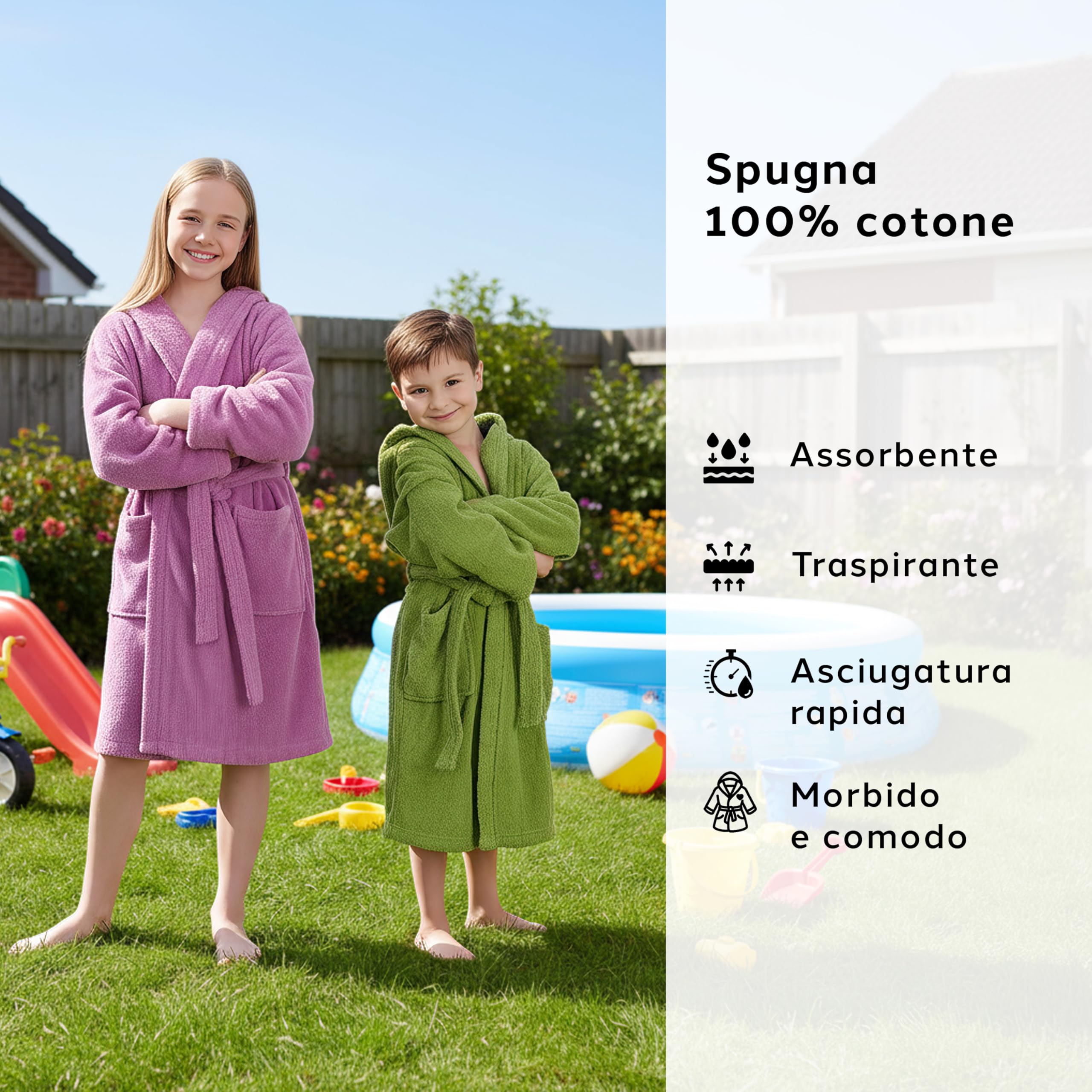 Caleffi - Accappatoio Ragazzo - Accappatoio Bambina – Realizzato in Spugna con Cappuccio, Cintura e Tasche – Ideale per Casa, Piscina o Spiaggia