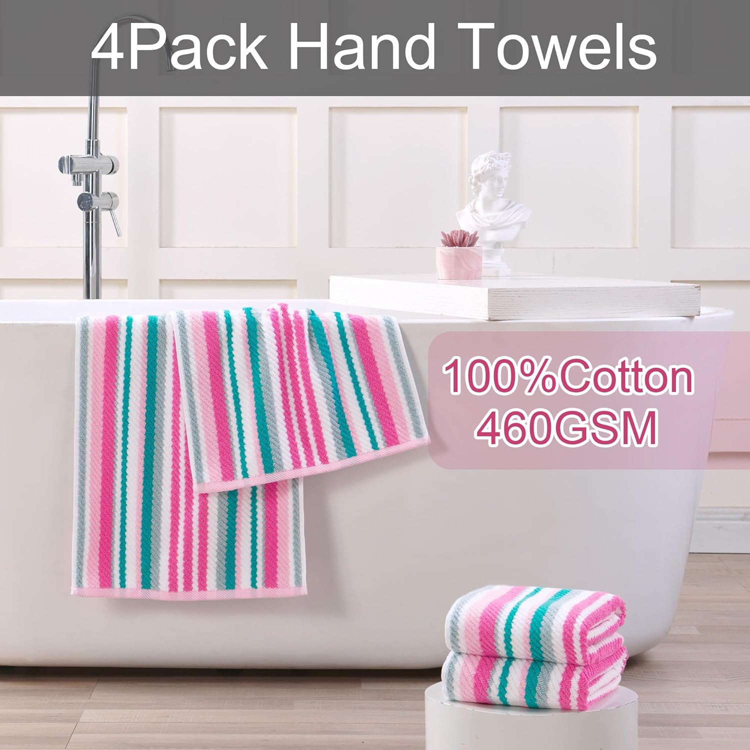 VOOVA & MOVAS Cotton Hand Towels Set of 4, 16"x27" - Quick Dry, Soft & Absobent & Lightweight, Striped Hand Towels for Bathroom & Showering, Luxury Towel Gift Set, Pink and Teal Stripe - Image 3