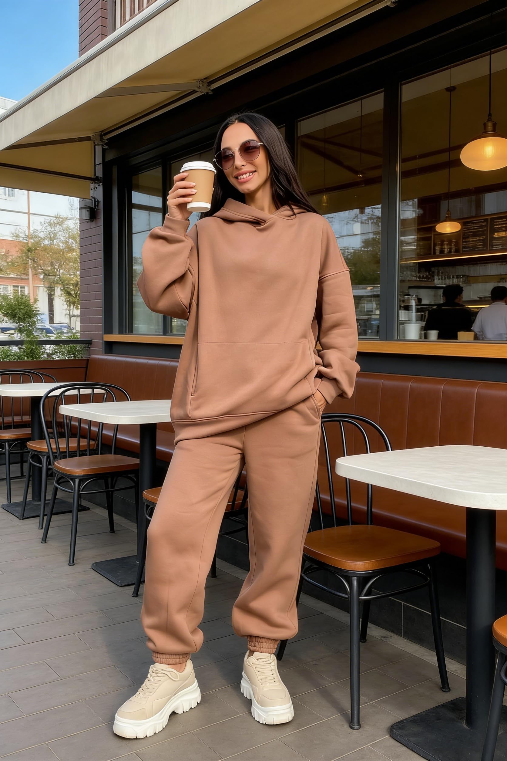 Conjunto de sudadera con capucha y pantalón deportivo de gran tamaño para mujer, ropa de descanso de forro polar de dos piezas para descansar y correr