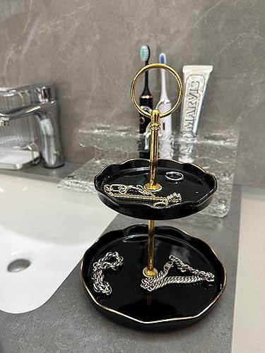 Miamolo Organizador de soporte de joyería de 2 niveles bandeja de joyería de cerámica para collar y pulsera llaves de reloj bandeja de tocador de