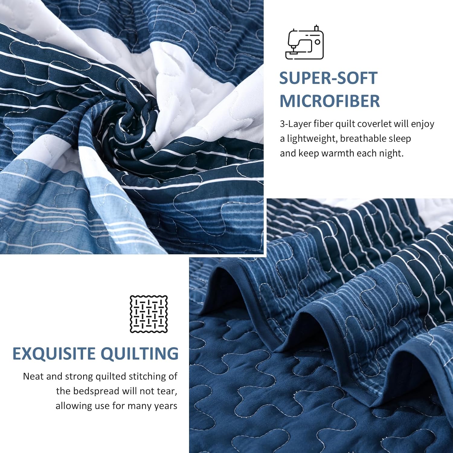 King Size Quilt Set Blue Striped 3 Piece Summer Patchwork Bedspreads Coverlet, Blue and White Lightweight Bedding Set with 2 Pillow Shams, Soft Microfiber Comforter Set for All Seasons, 110" × 90" - Image 6