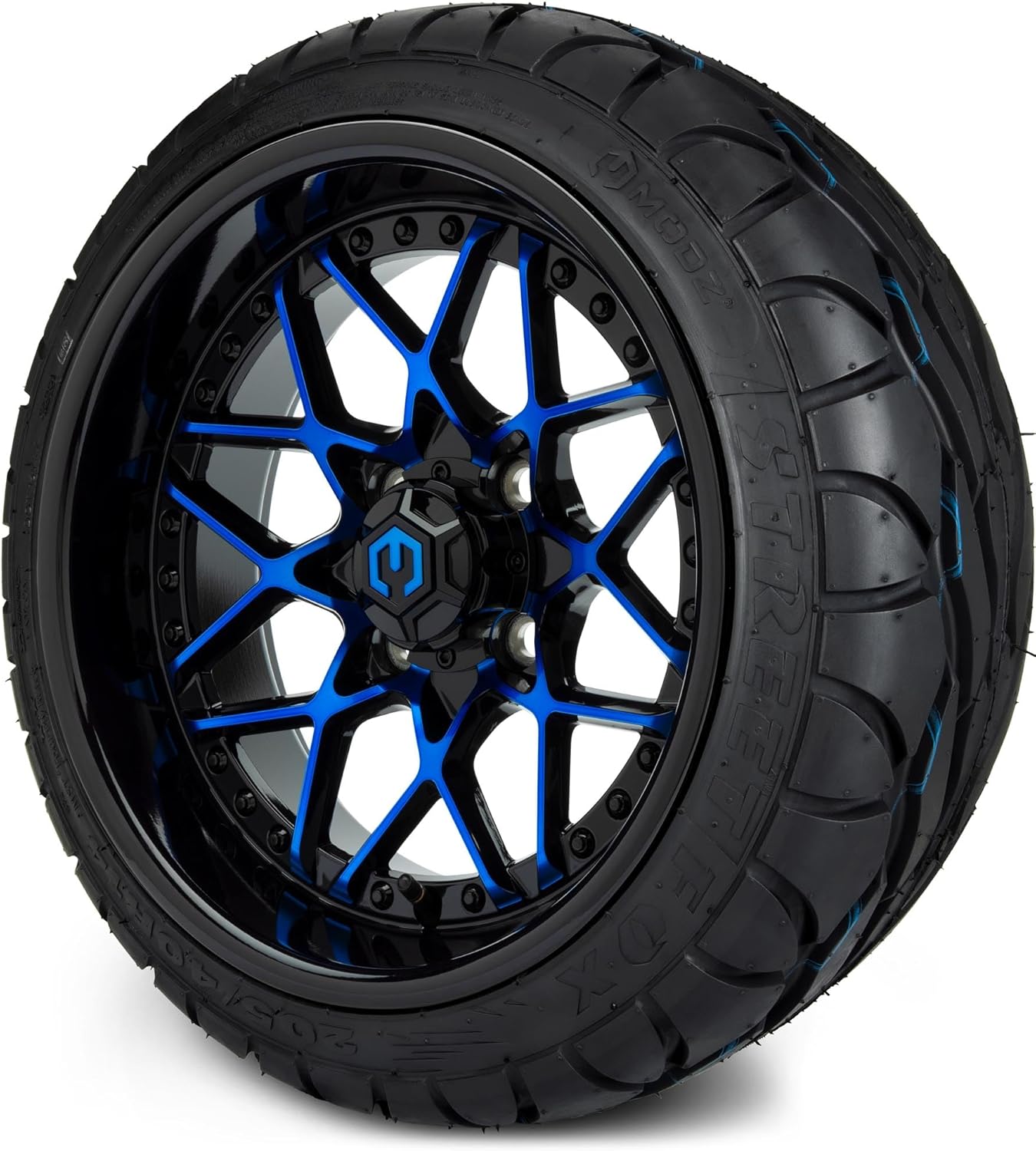 MODZ® Formula Blue and Black 14" Golf Cart Wheels and MODZ® Street Fox (205/40-R14) Golf Cart Radial Tires Combo - Set of 4
