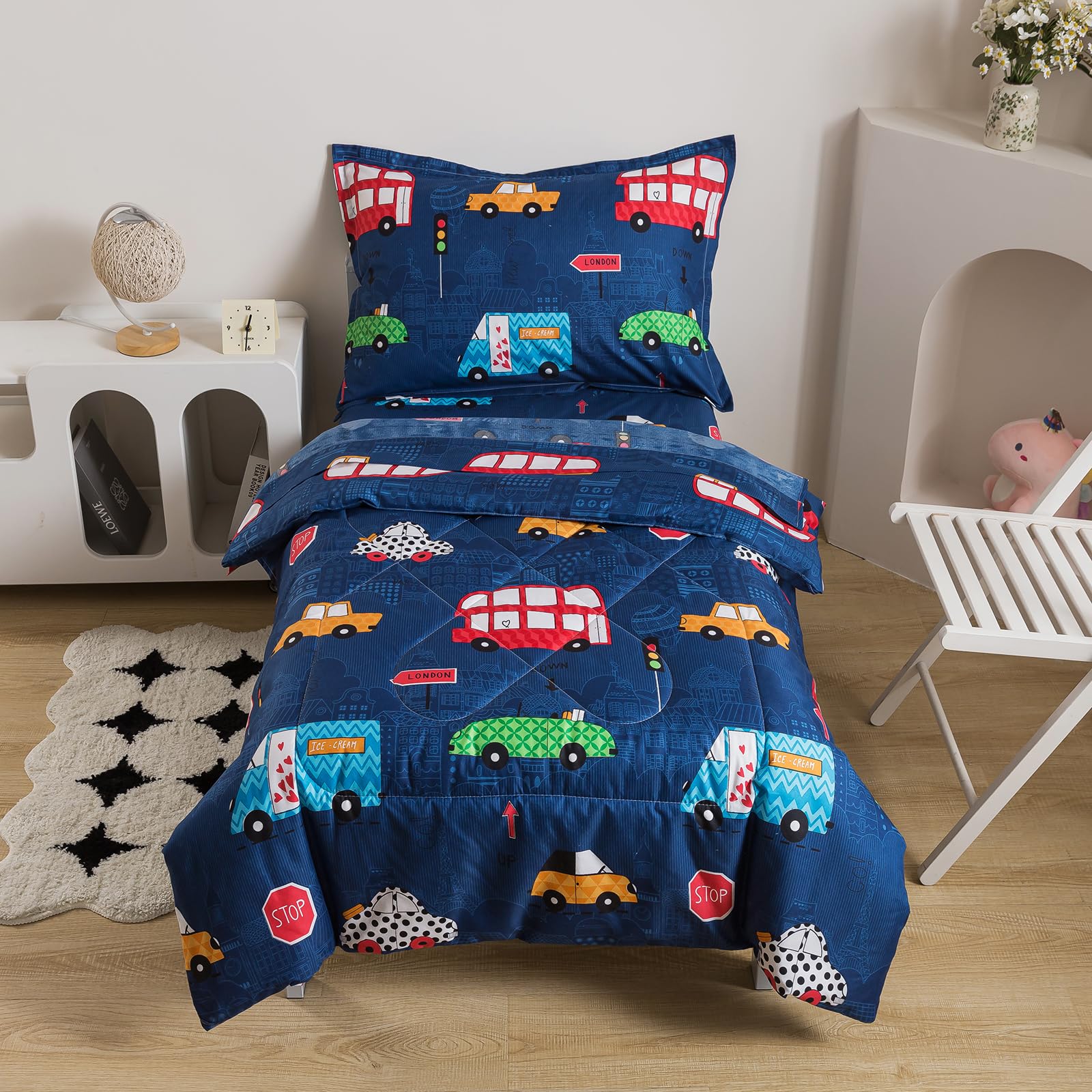 Caressma Navy Toddler Bedding Set, 4 Pieces Boys Comforter with Car Print