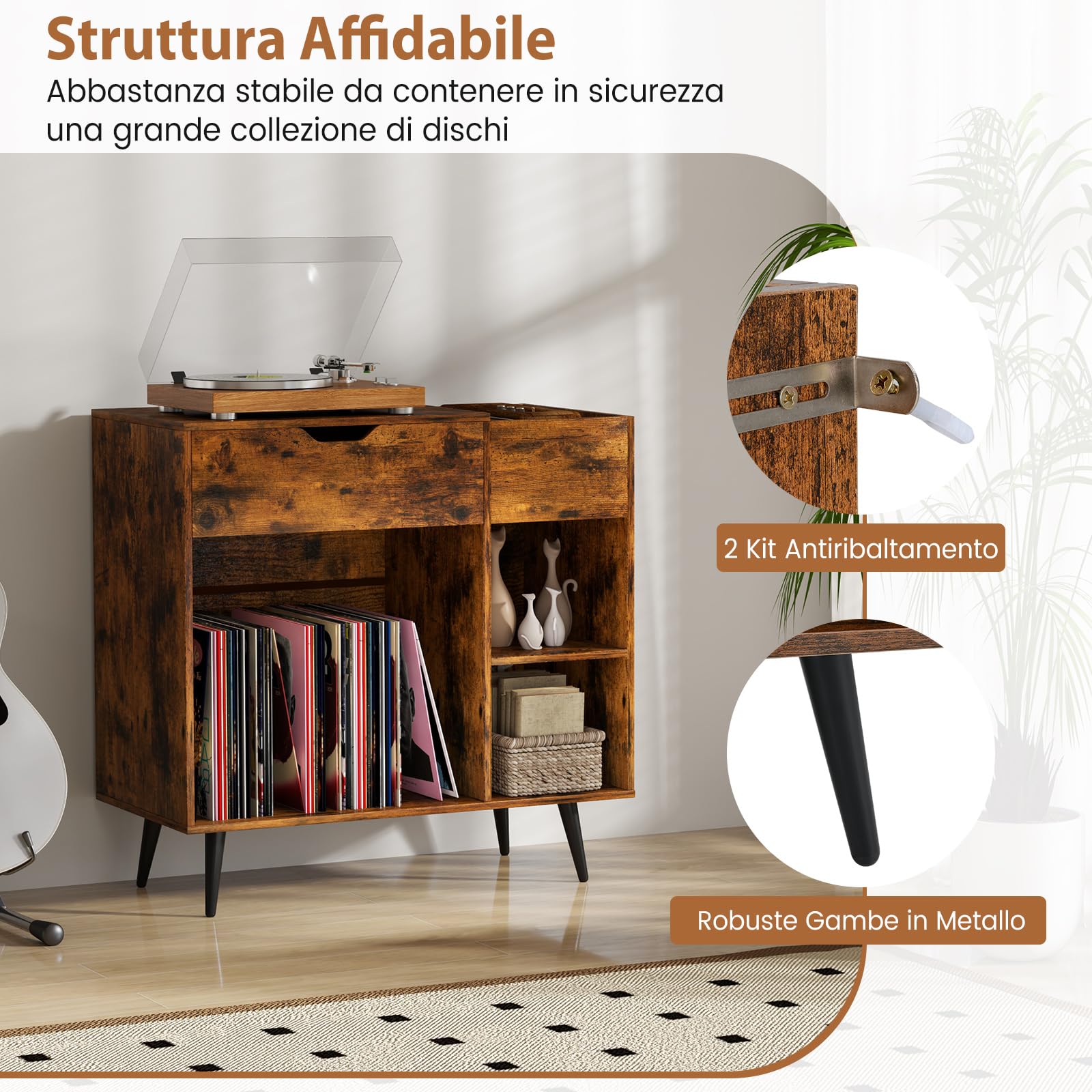 RELAX4LIFE Supporto per Giradischi con Stazione di Ricarica, Mobile Porta Dischi Multistrato, Espositore in Legno per Dischi per Ufficio, Soggiorno, 79,5 x 40 x 79 cm