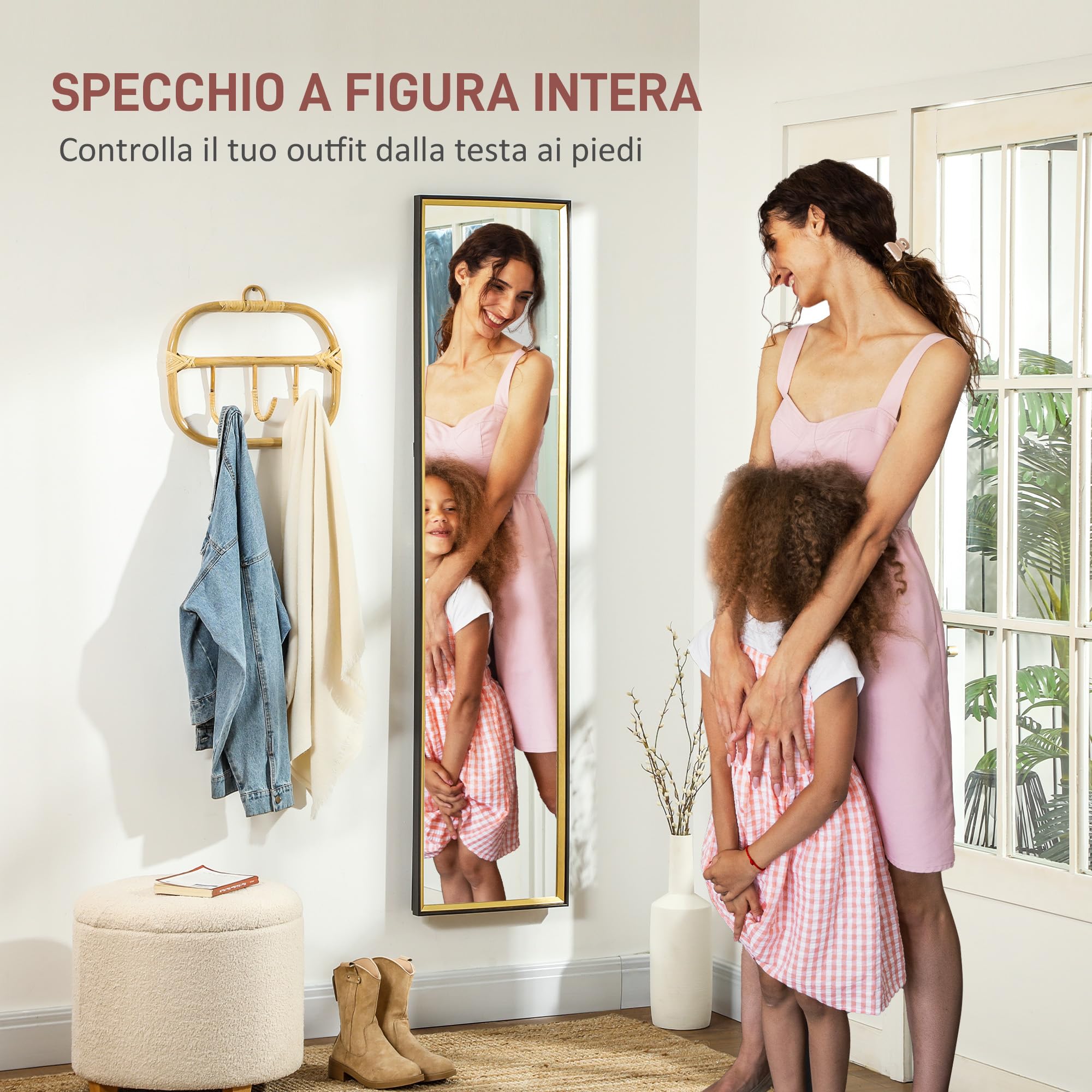 HOMCOM Specchio da Terra a Figura Intera con Supporto Posteriore e Cornice, Specchio da Parete in MDF e Vetro con Pellicola Protettiva Antisfondamento, 37x3x157 cm, Nero e Oro