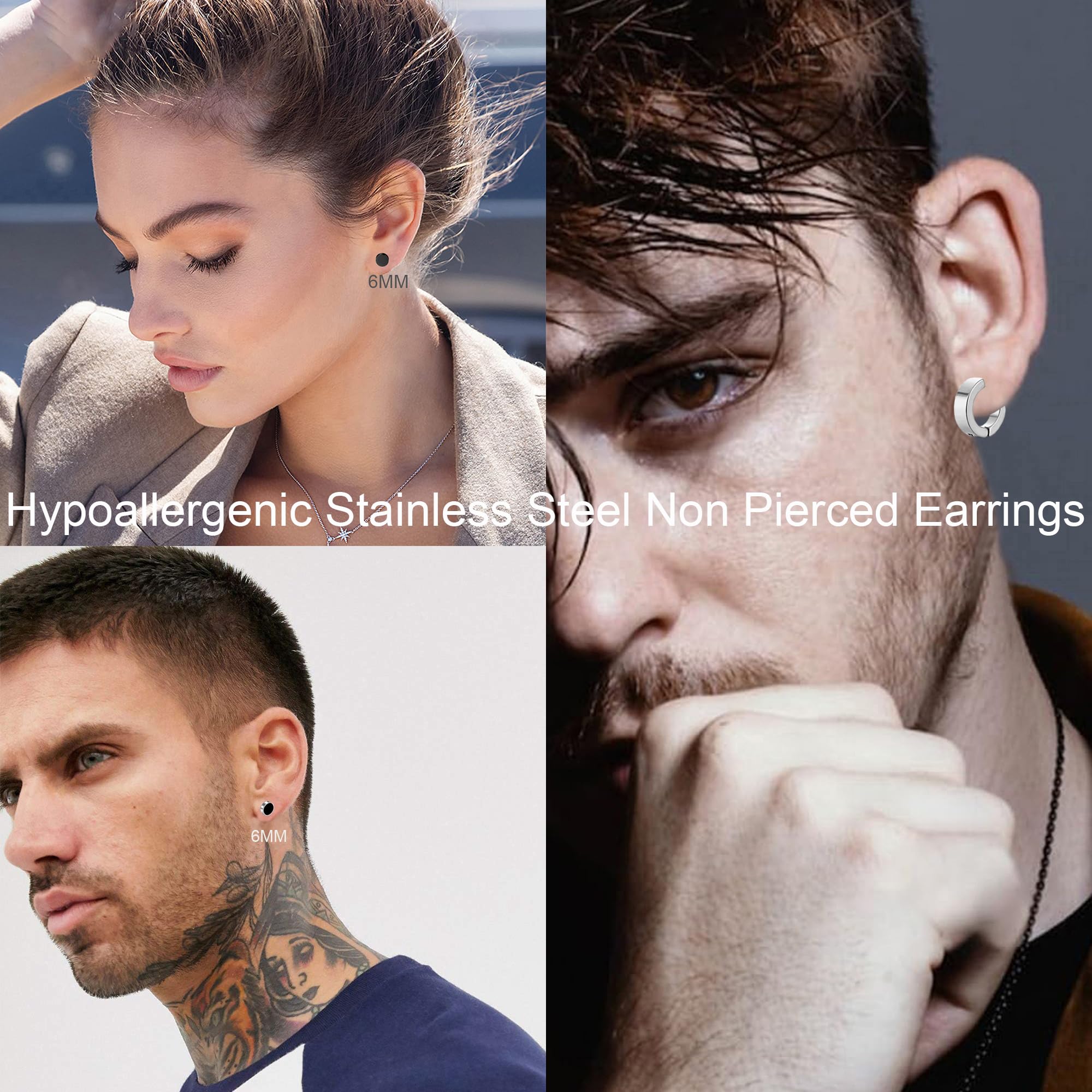 12Paia Orecchini Magnetici Uomo Senza Buco Orecchini con Calamita Acciaio Inossidabile Cerchio Orecchino Clip Non Piercing Orecchino Finti Nero Set Argento