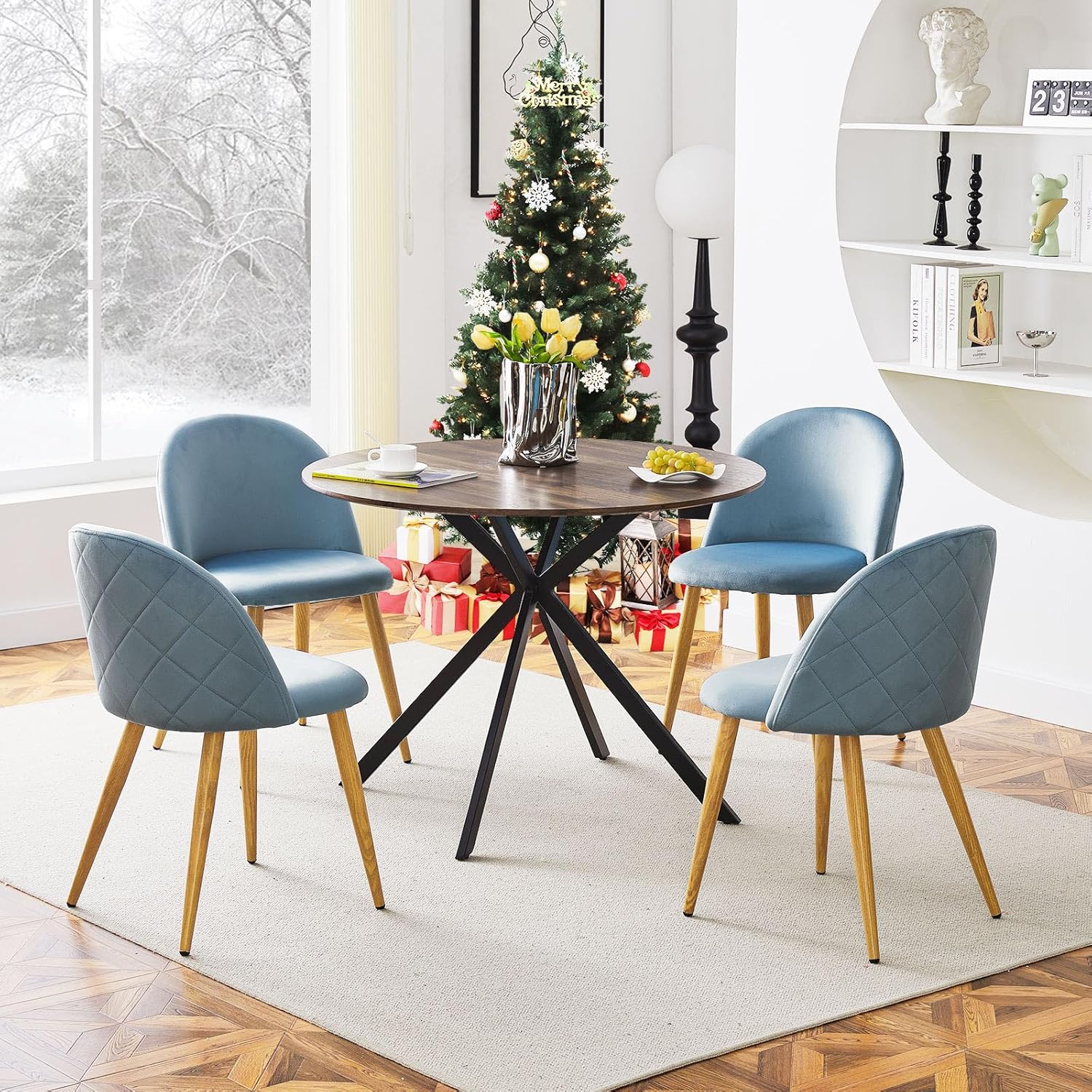 CLIPOP Set of 4 Dining Chairs Velvet Light Blue Kitchen Chairs with