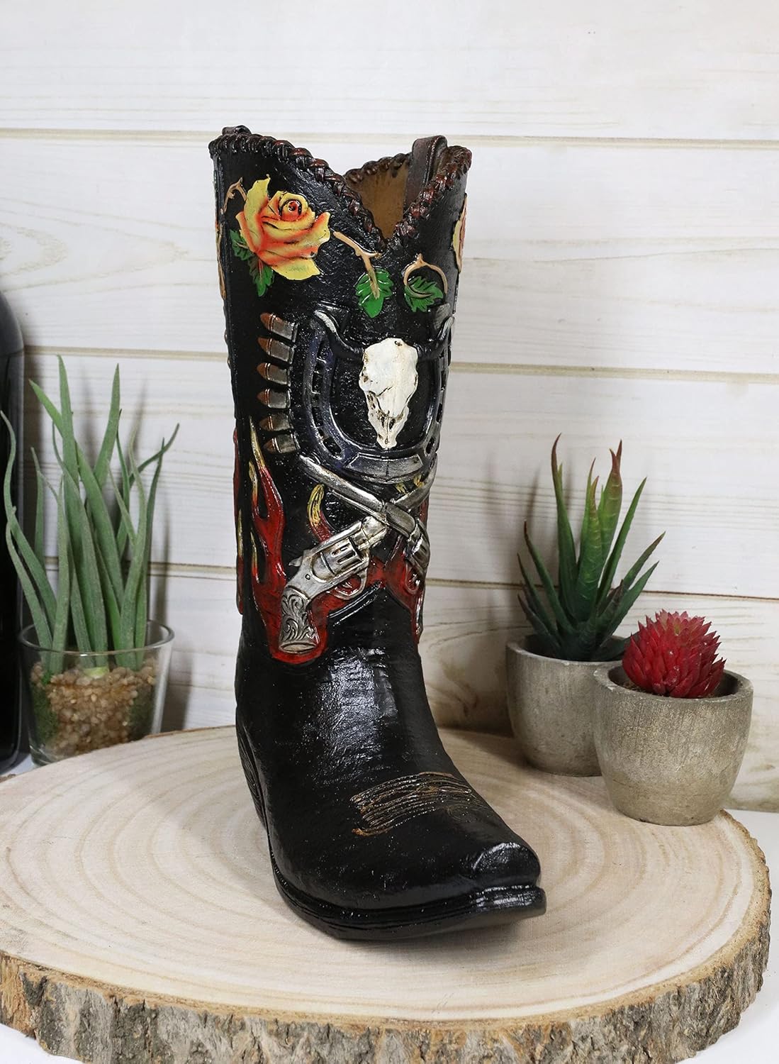 Ebros Rustic Western Roses Dual Revolvers Six Shooters Pistols and Bull Cow Skull Cowboy Cowgirl Boot Decorative Figurine Or Floral Vase Planter Tooled Leather Finish Table Shelf Countertop Accent