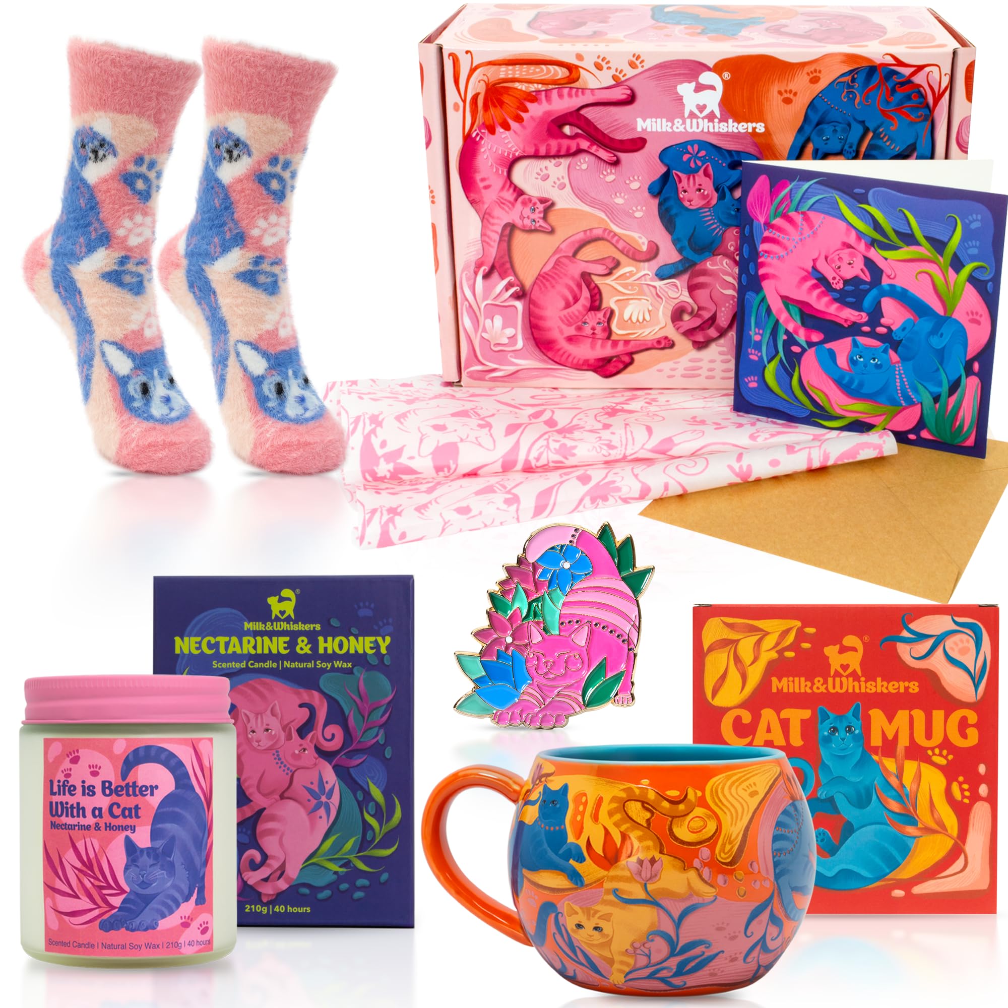 Milk & Whiskers Luxury Cat Gifts for Women, Pink, Orange, Blue, Purple