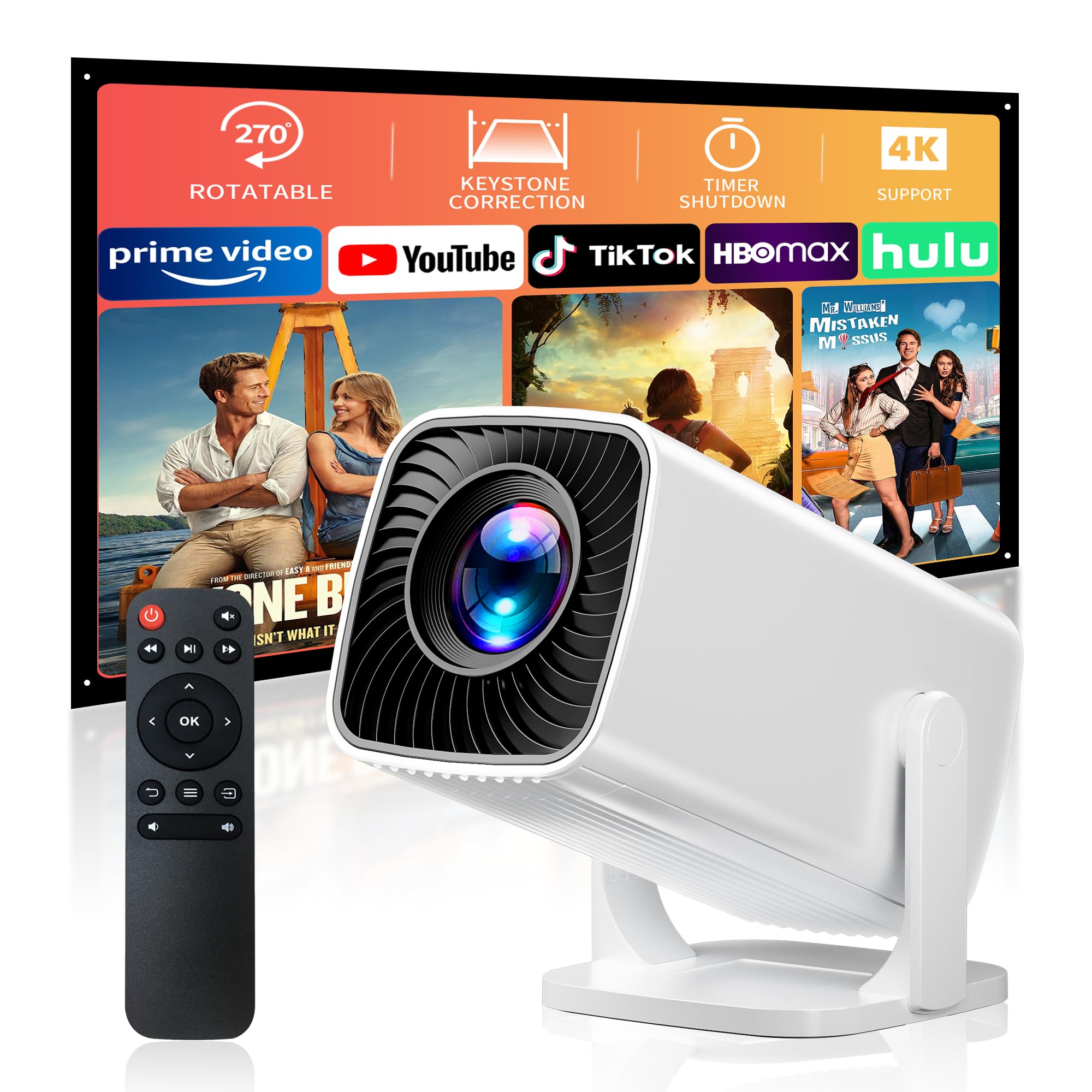 Photo 1 of Mini Projector with 4K Support, Portable Projector with Electric Focus & Keystone, 270° Rotatable Stand, Short Throw Home & Outdoor Movie Projector Compatible with TV Stick, Phone & Laptop