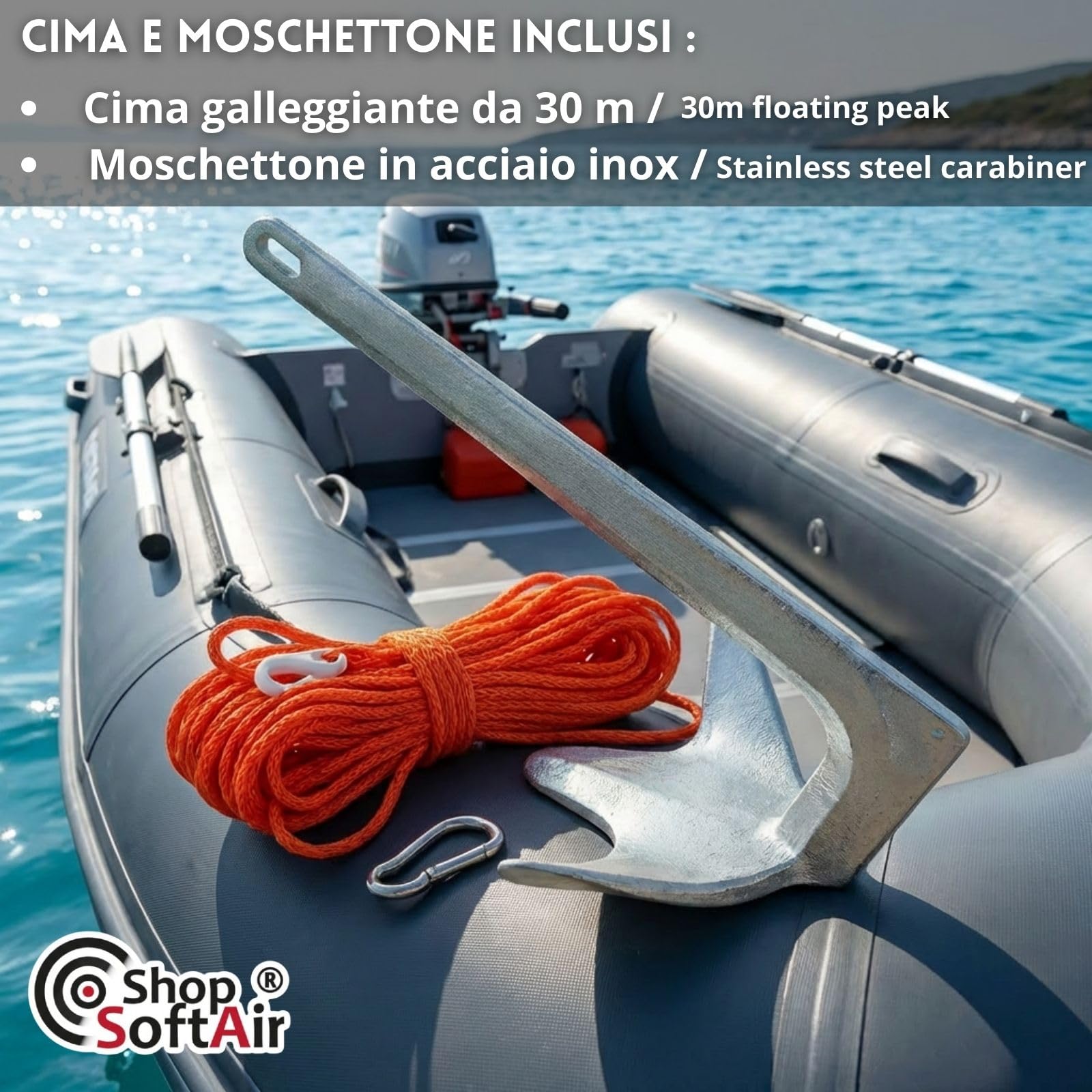 Anker Bruce (Trefoil) aus feuerverzinktem Stahl mit Schwimmleine 30 m und Karabinerhaken aus Edelstahl – Monoblock-Anker für Boot und Schlauchboot – 2,5 kg, 5 kg, 7,5 kg, 10 kg
