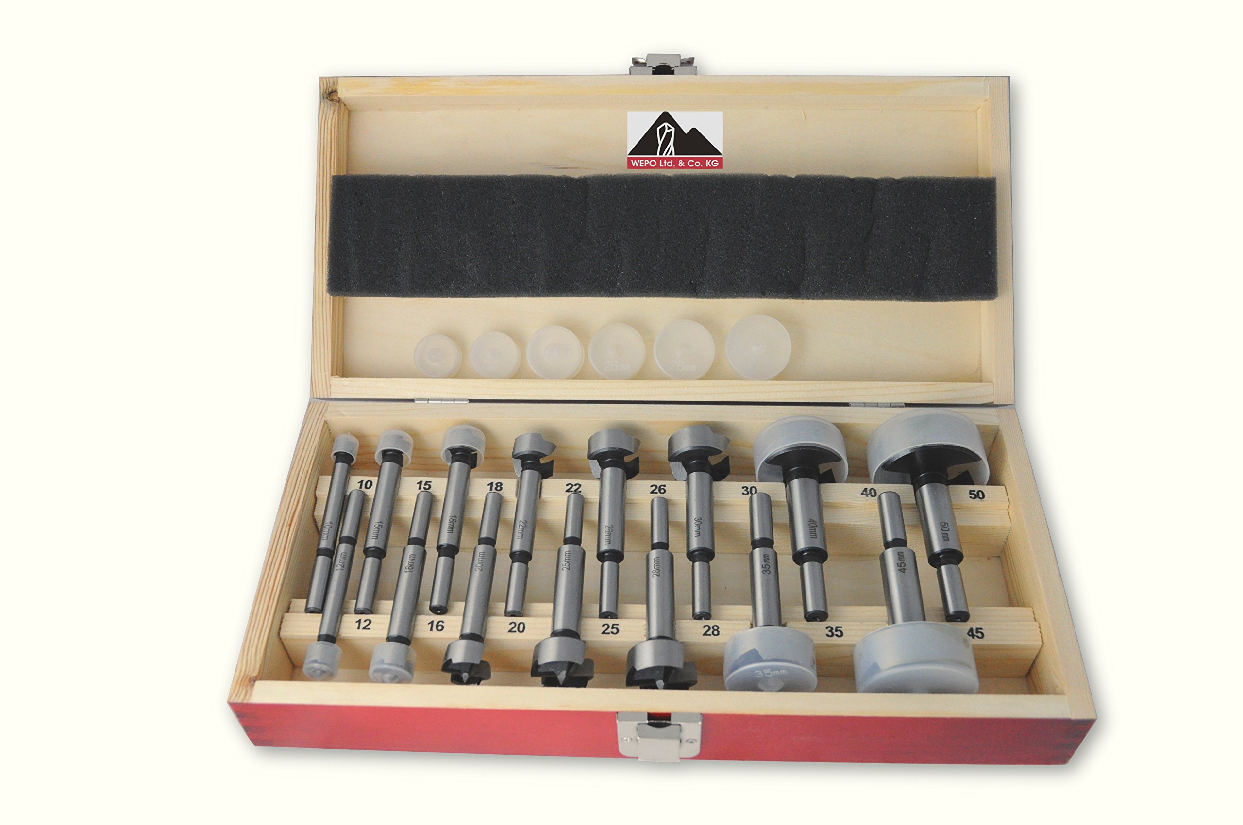 Lot de 15 forets à bois présentés dans une coffret en bois de qualité supérieure - Diamètre de 10 à 50 mm - Capuchons de protection inclus