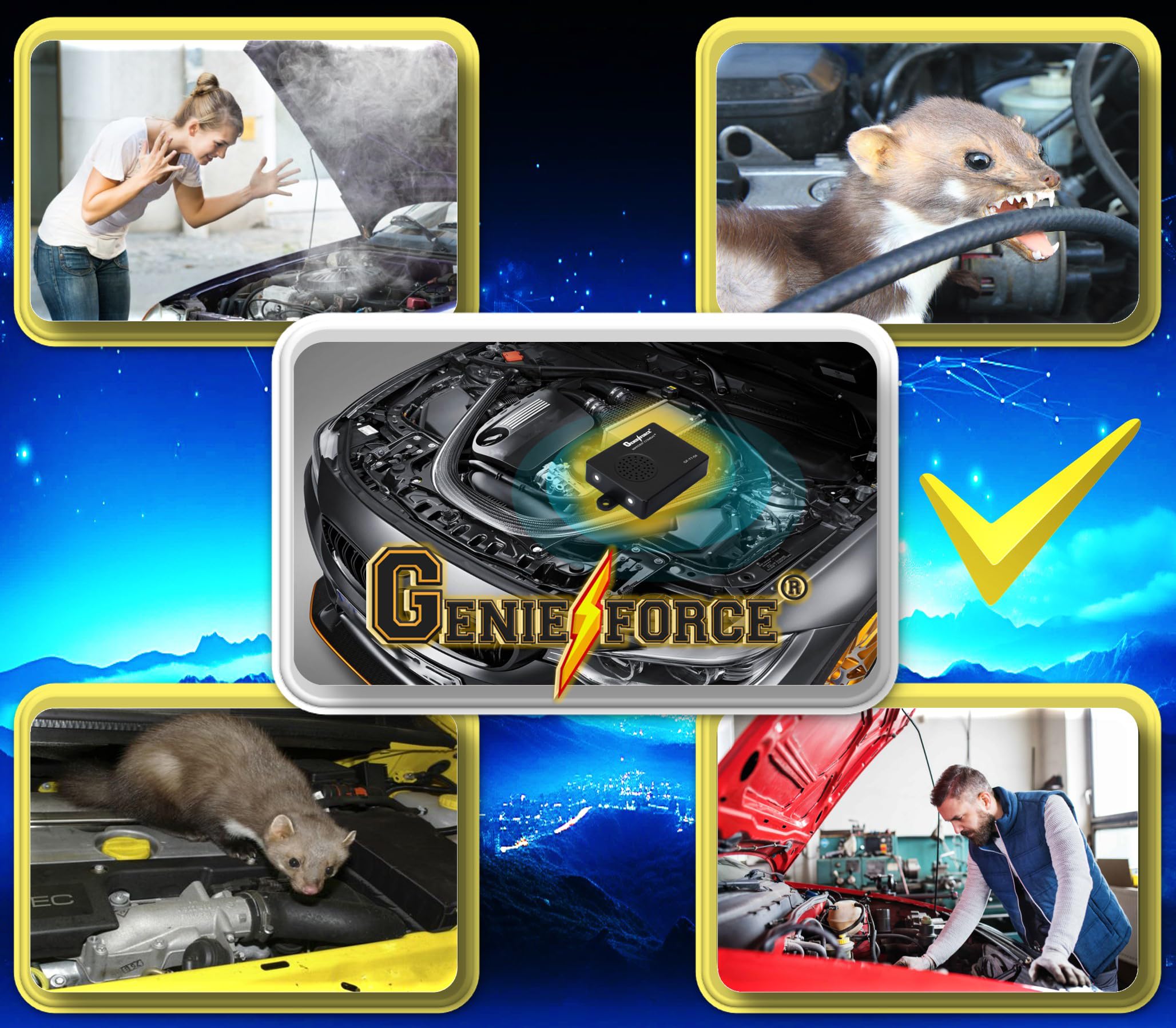 Genieforce® odstraszacz kun, urządzenie ultradźwiękowe do samochodów, łatwy montaż, wodoszczelny, przyłącze akumulatora samochodowego, GF-T7-5X