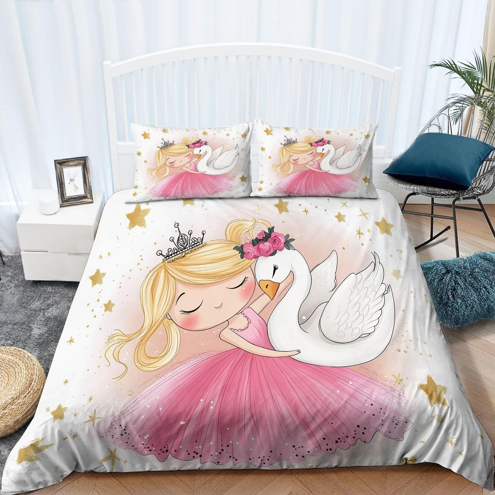 Estrellas De Dibujos Animados Funda Nordica Cama 90 de 3 Piezas Bailarina y Cisne Juego de Funda Nordica 150x200 cm y 2 x Fundas de Almohada de 50x75 para Ropa de Cama Infantil Niño Chico Niña