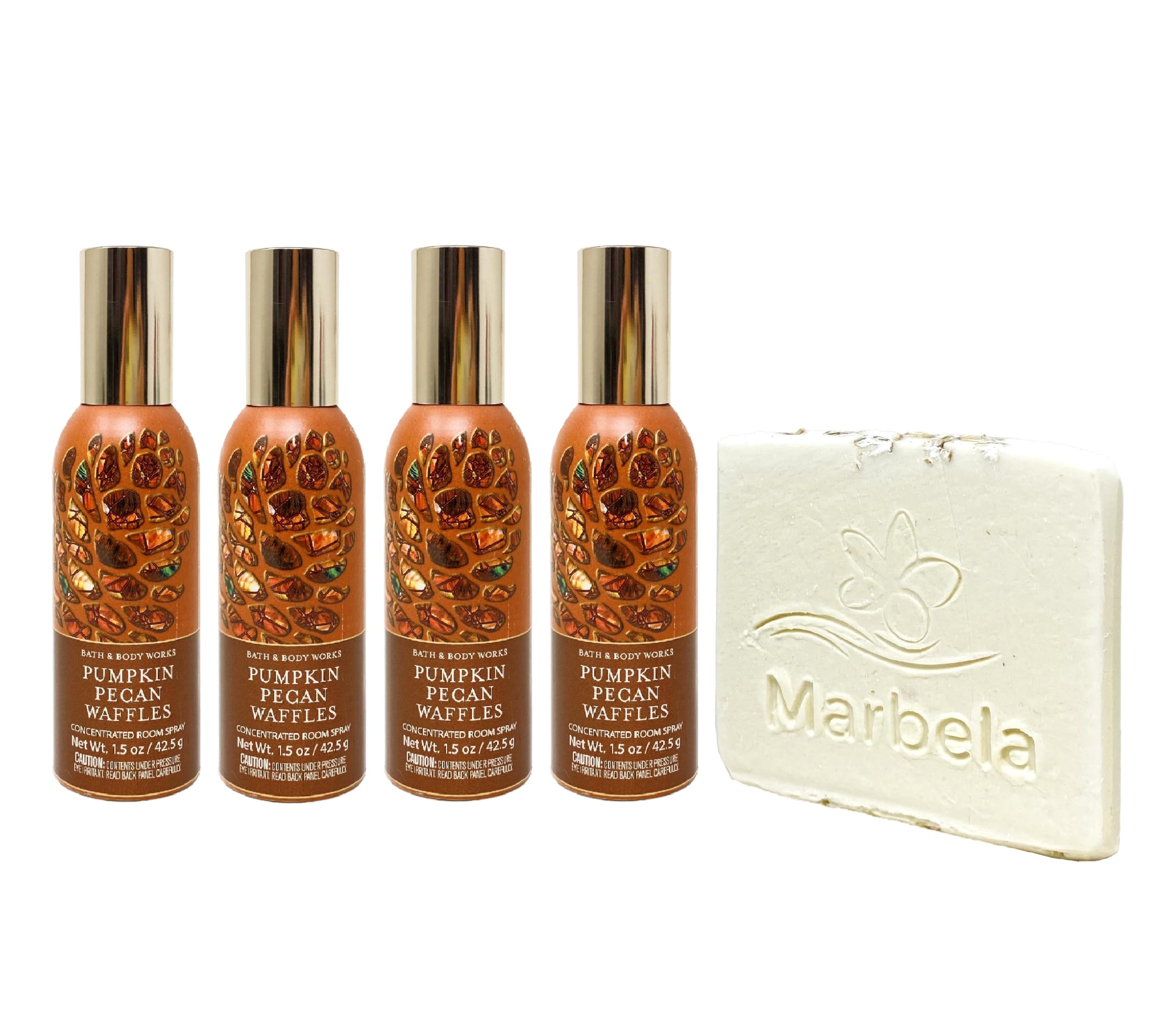 Bath & Body Works Pumpkin Pecan Waffles Concentrated Room Spray 4 Piece Bundle with a Natural Oats Sample Soap