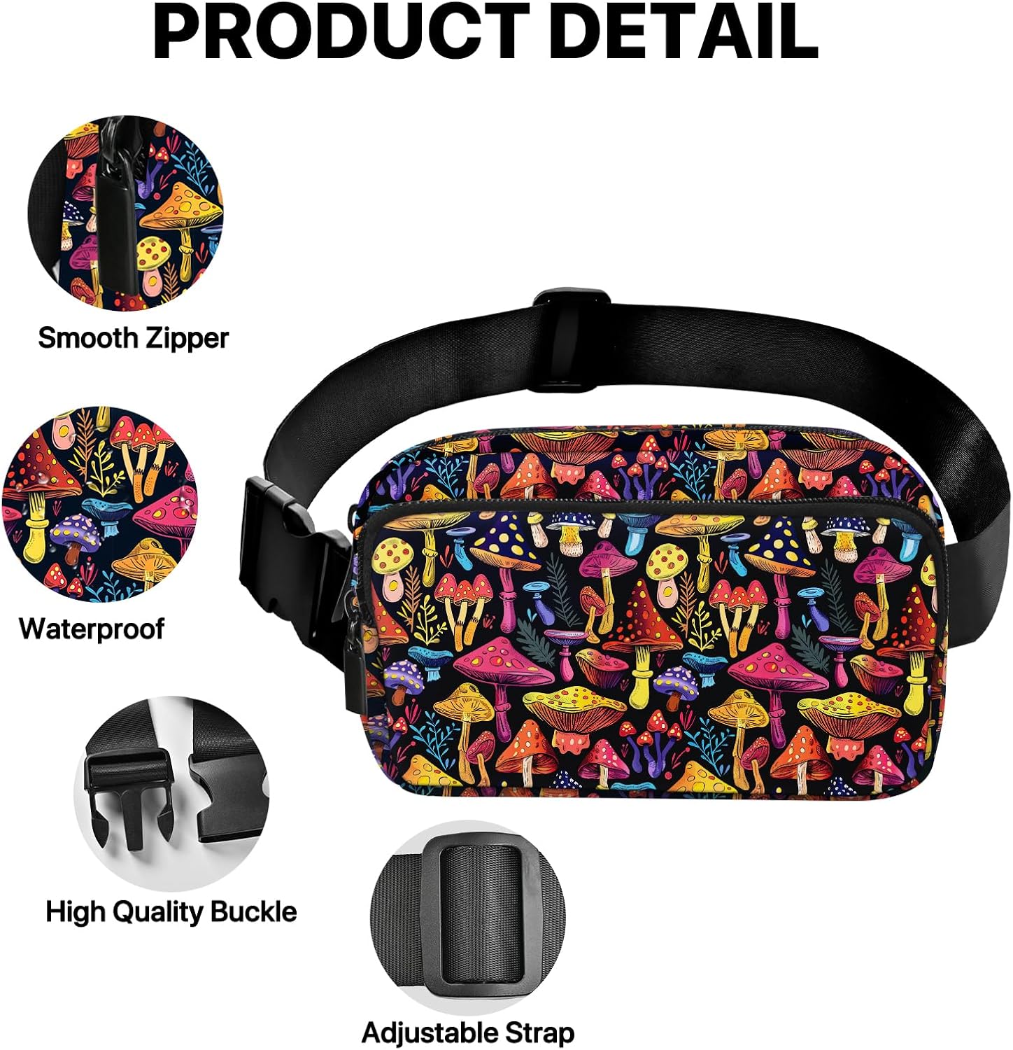 Mushroom Fanny Pack for Women Casual Belt Bag Waterproof Waist Bags for Travel Hiking Sports - Image 5